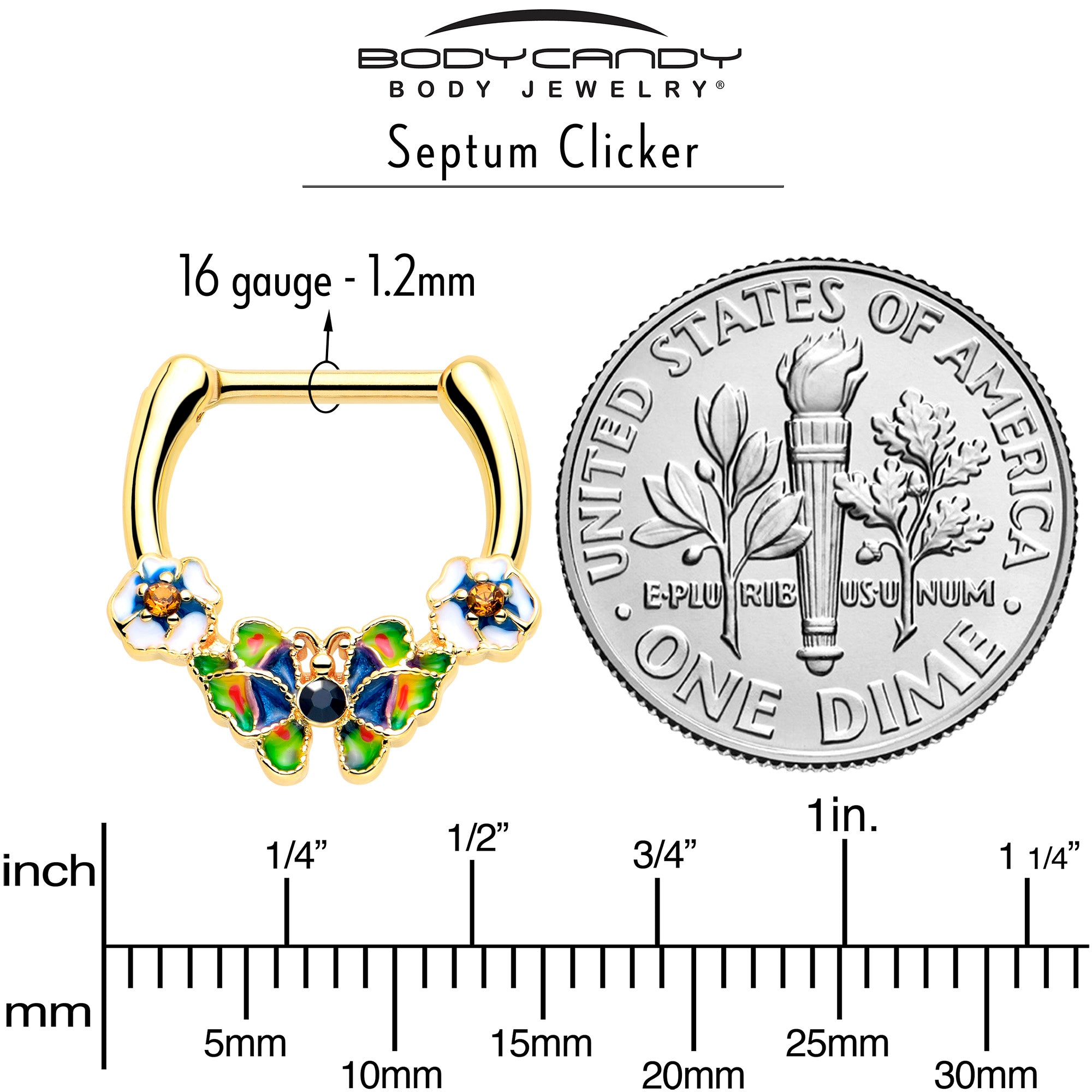 Blue Gem Gold Tone Butterfly Cartilage Clicker 16 Gauge 5/16