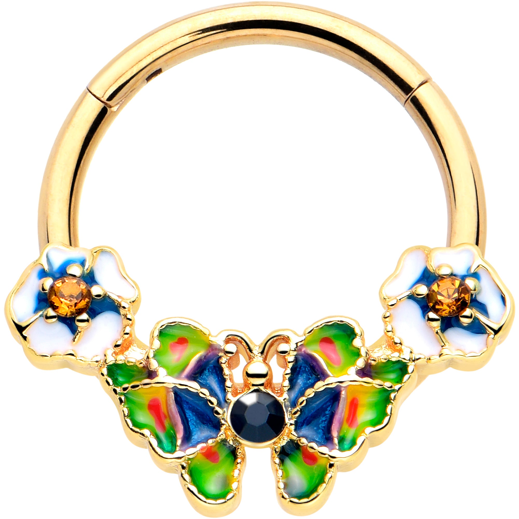 16 Gauge 3/8 Blue Gem Gold Tone Butterfly Hinged Segment Ring