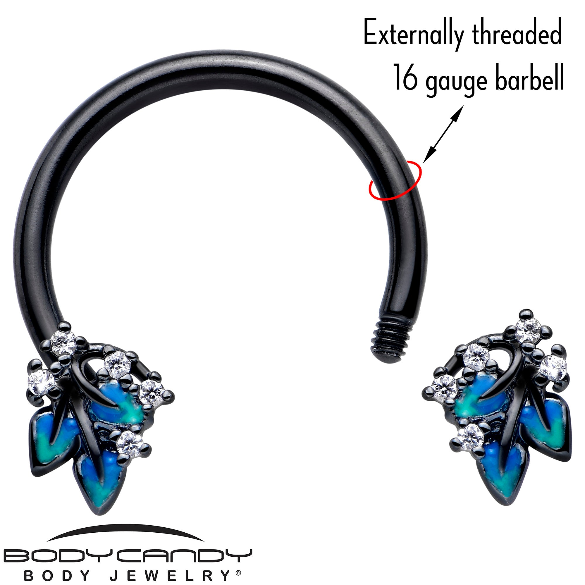 Black Lush Leaves 16 Gauge 3/8 Circular Barbell with Clear CZ Gem
