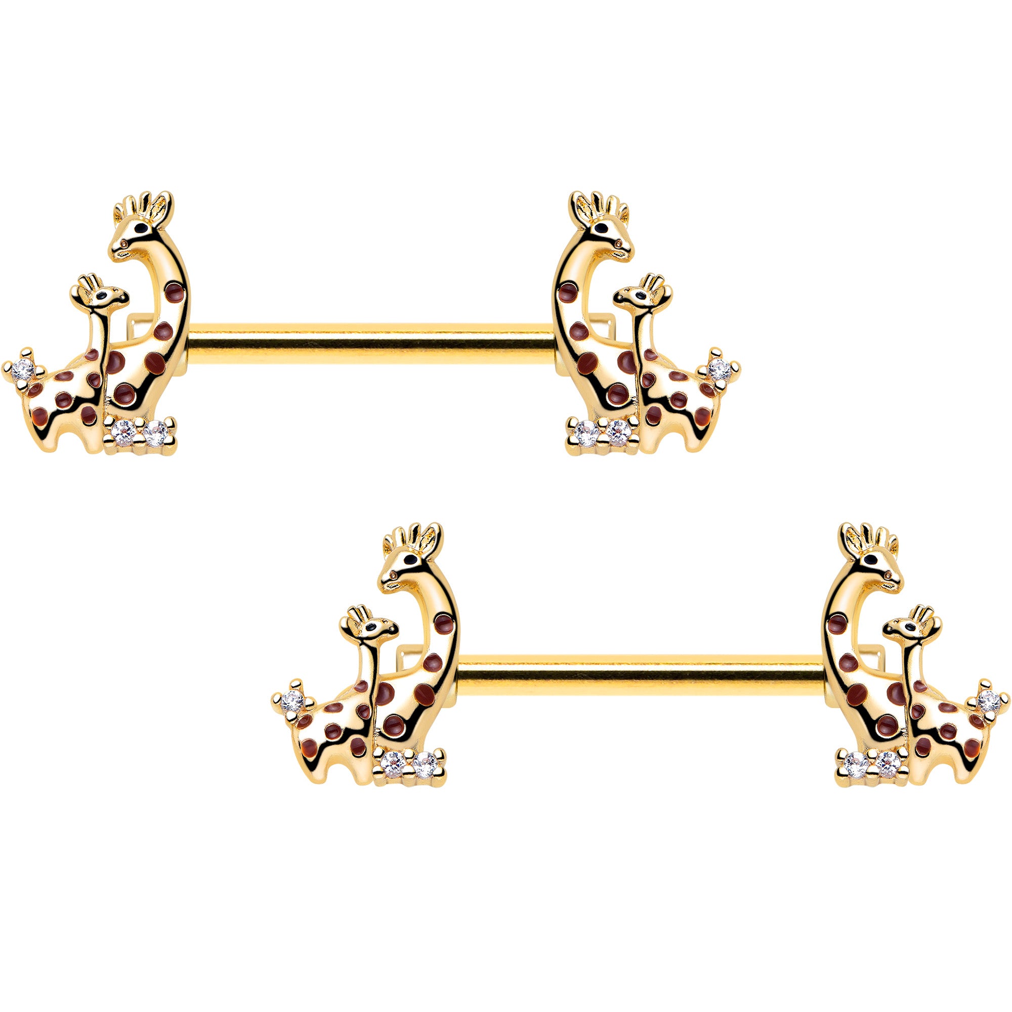 14 Gauge 9/16 Clear CZ Gem Gold Tone Mom Baby Giraffes Nipple Rings