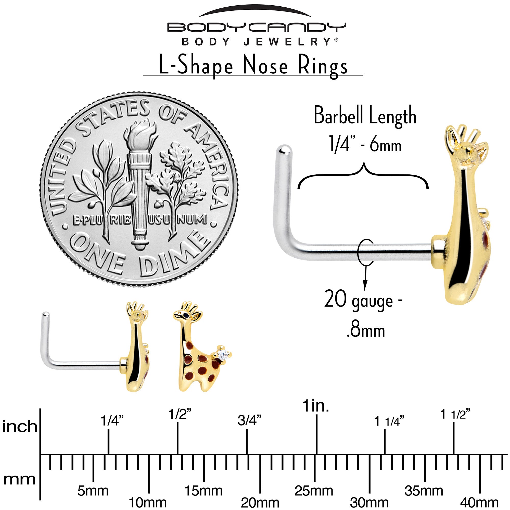 7mm Golden Giraffe L Shape Nose Ring with CZ Gem 20 Gauge