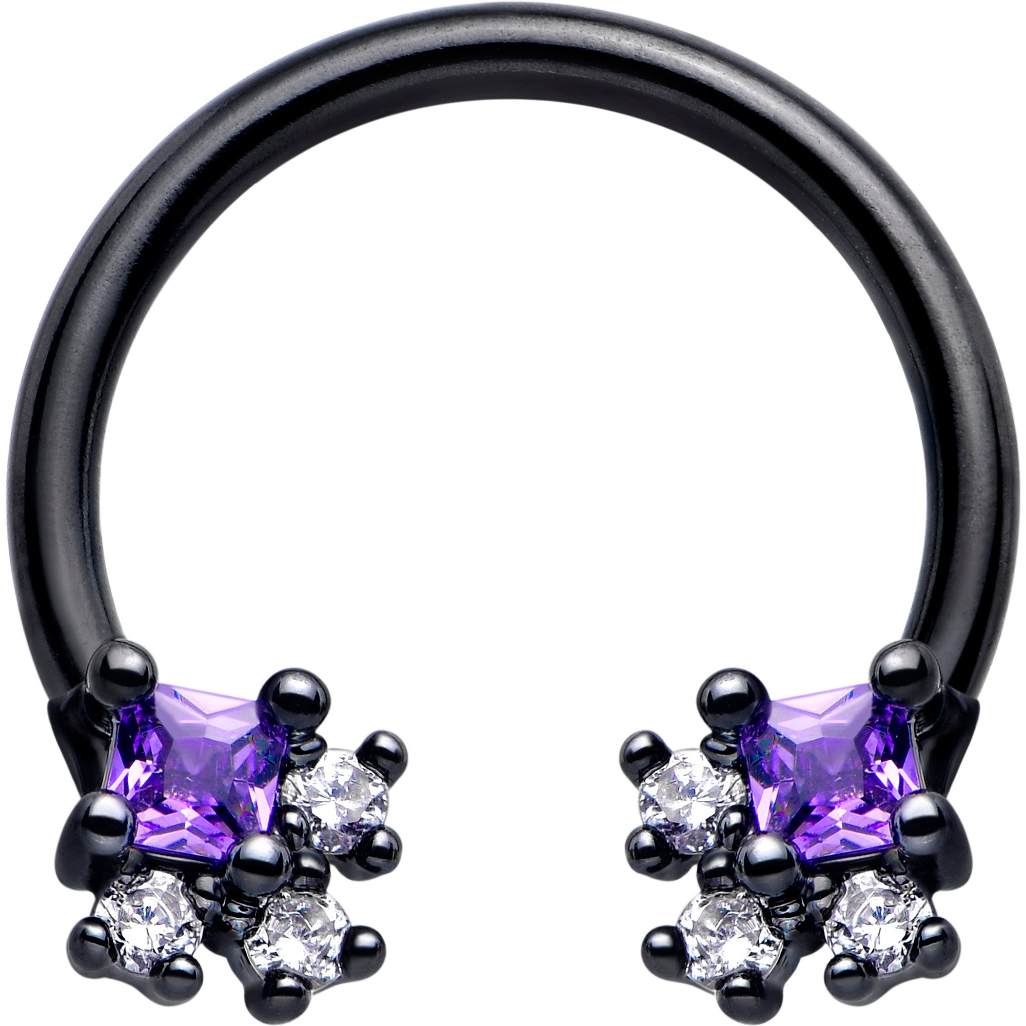 16 Gauge 3/8 Purple CZ Gem Black Rhombus Horseshoe Circular Barbell