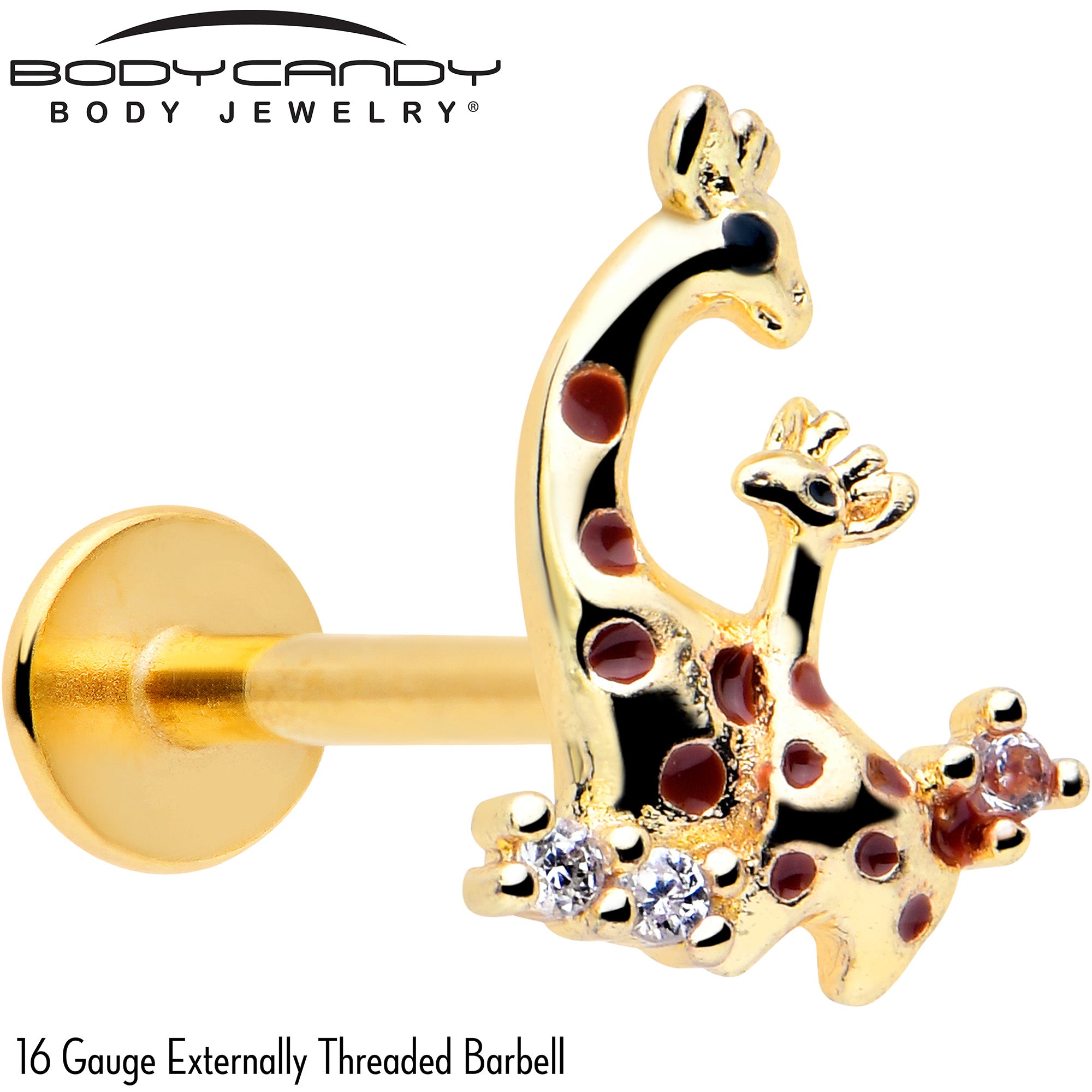 16G 5/16 Clear CZ Gem Gold Tone Giraffe Mom and Baby Flatback Stud