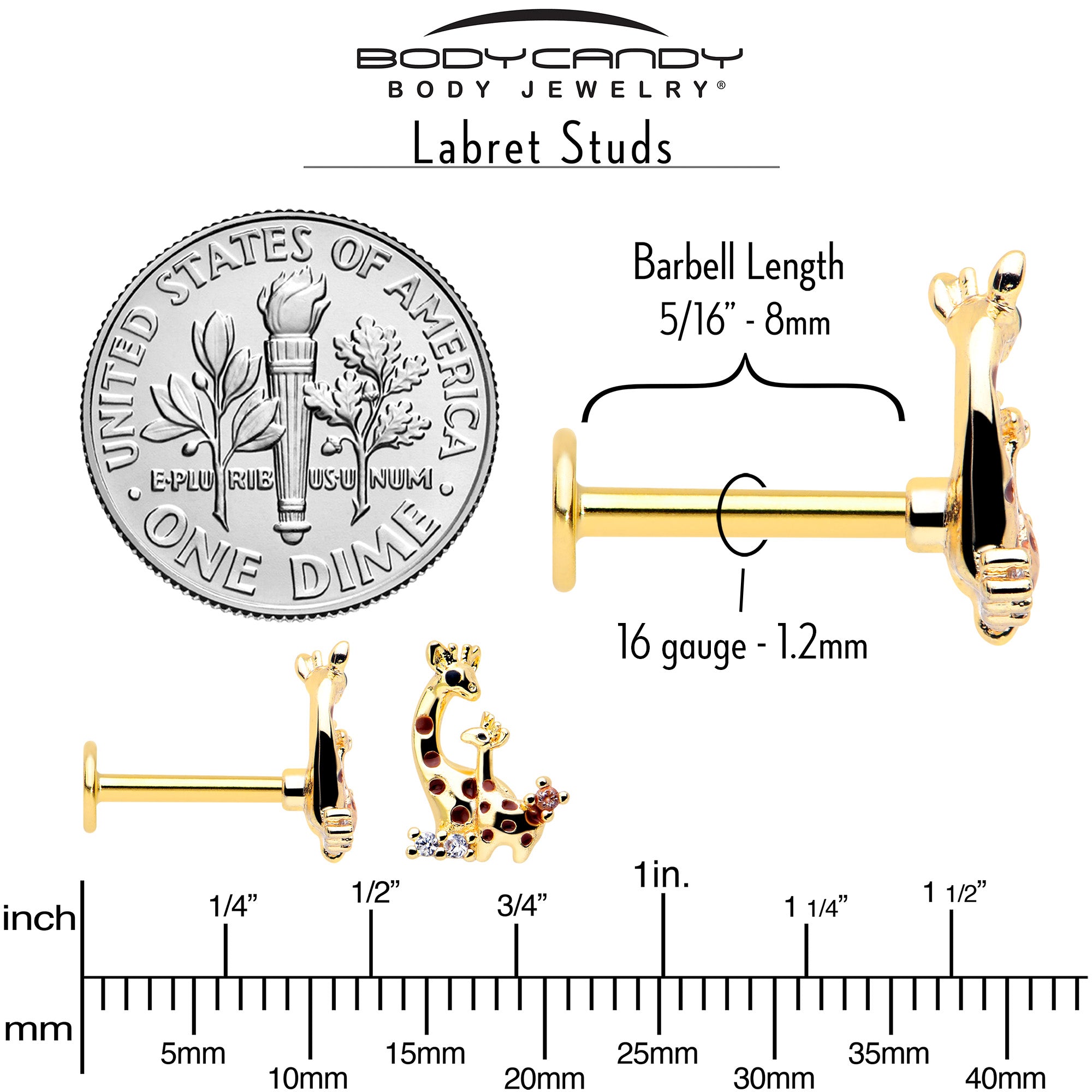 Mom Baby Giraffe Clear CZ Gem Flatback Stud 16 Gauge Gold Tone