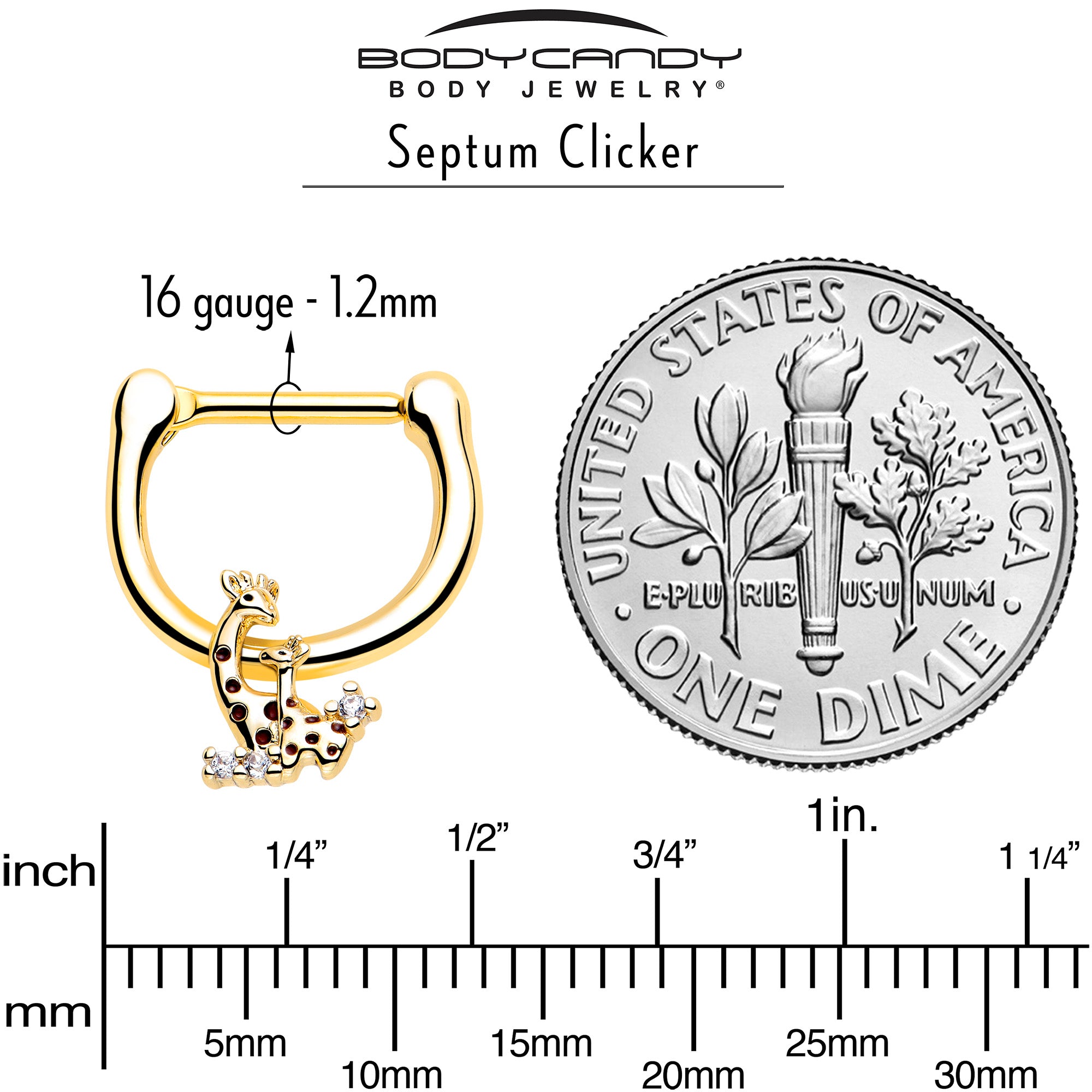 16 Gauge Gold Tone Giraffe Cartilage Clicker with Clear CZ Gem