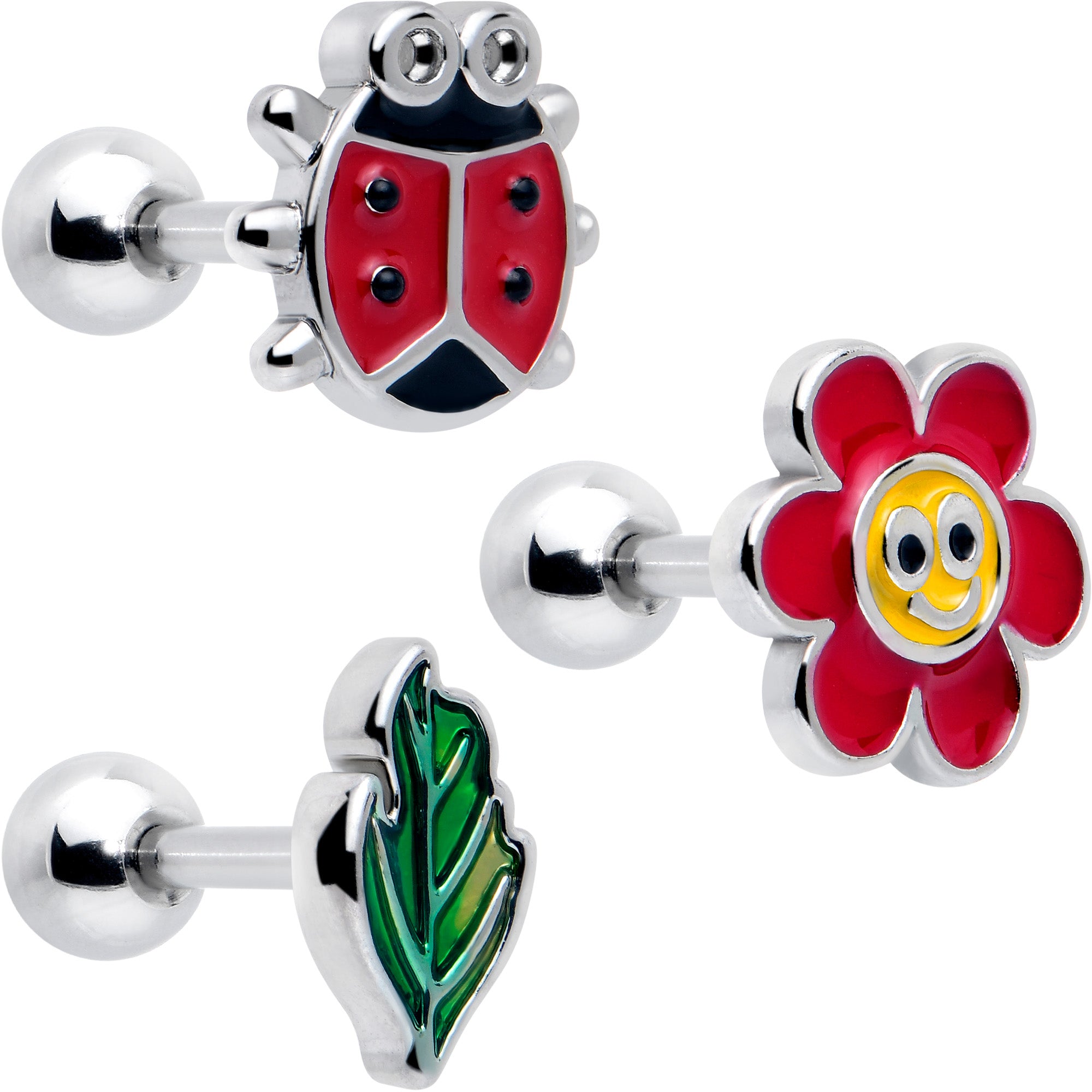 16 Gauge Ladybug Hippie Flower Cartilage Earring Set