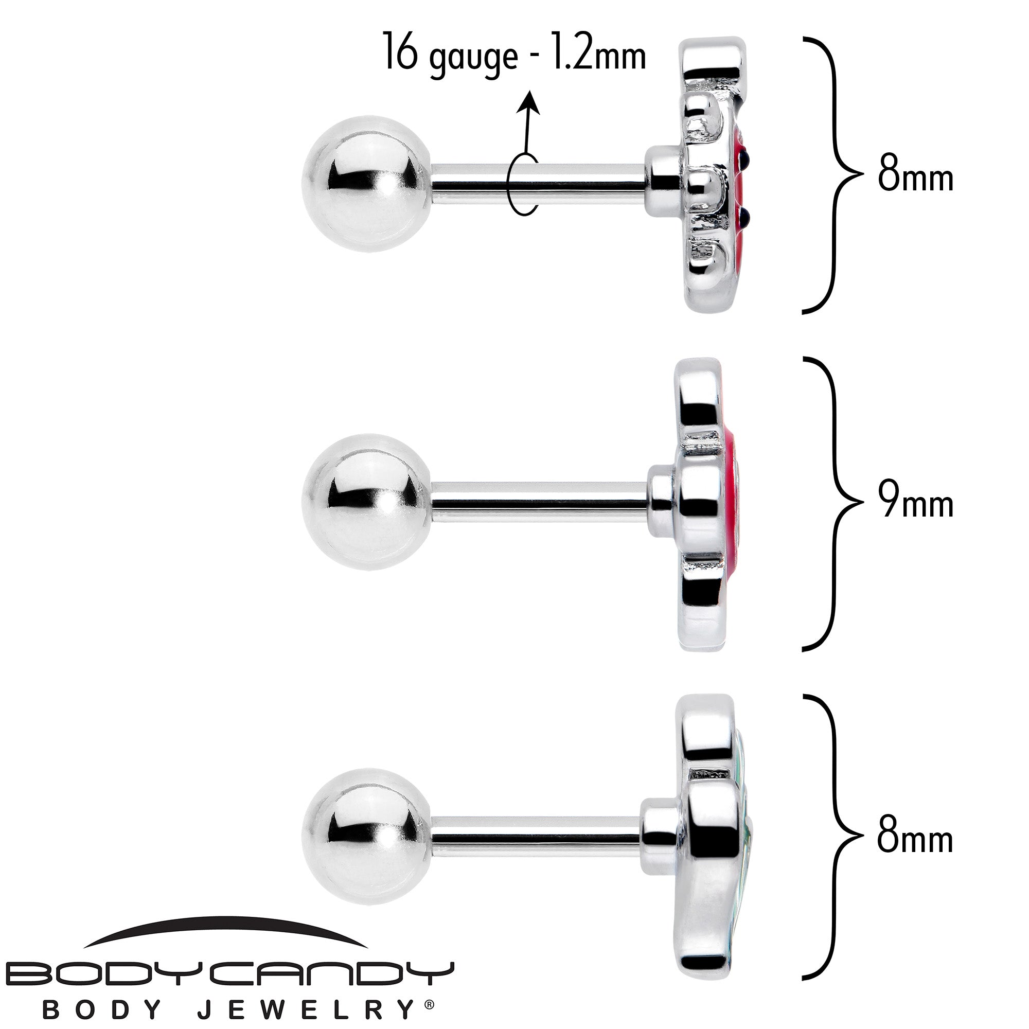 16 Gauge 1/4 Ladybug Tragus Earring Set of 3