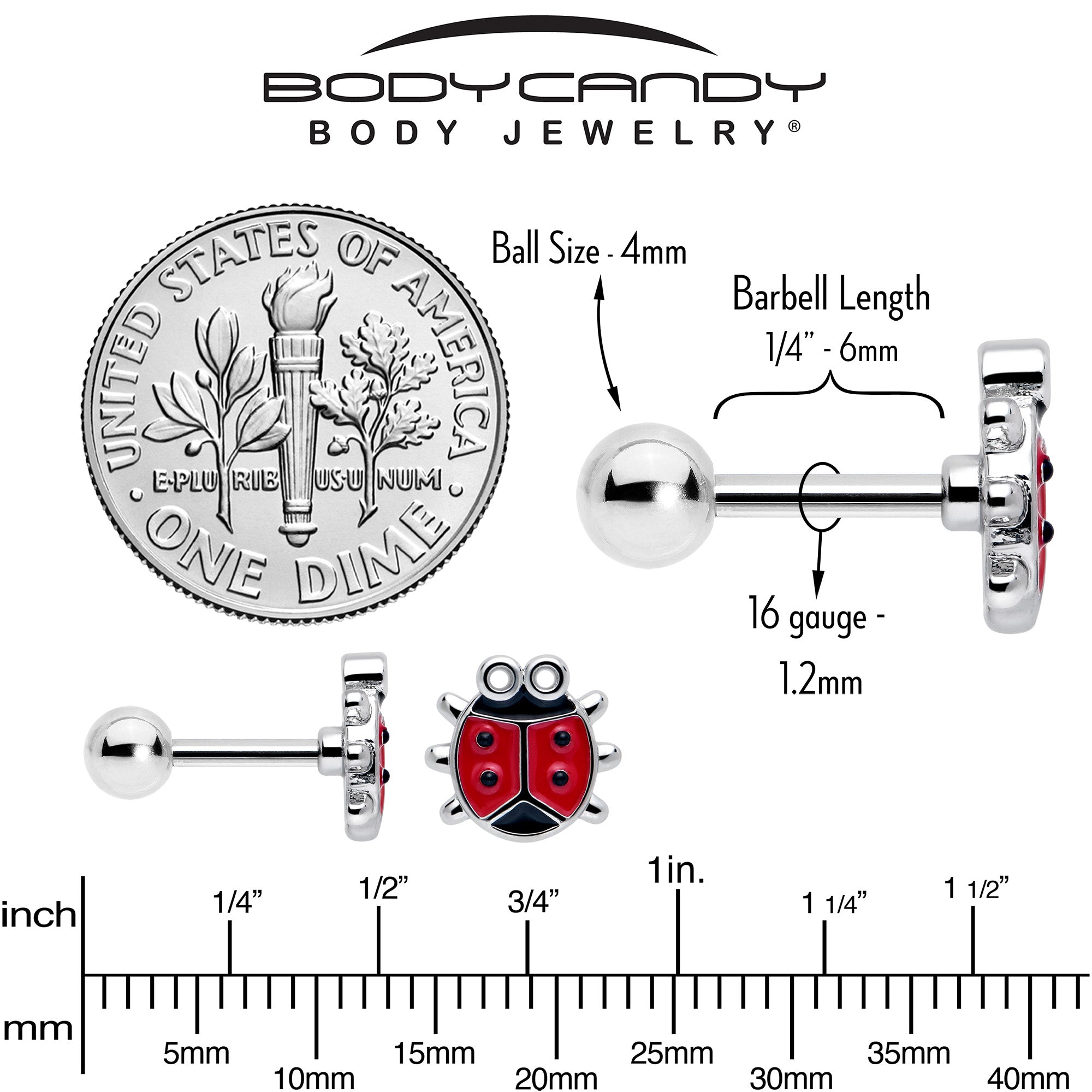 Ladybug Tragus Earrings Set 16 Gauge 1/4