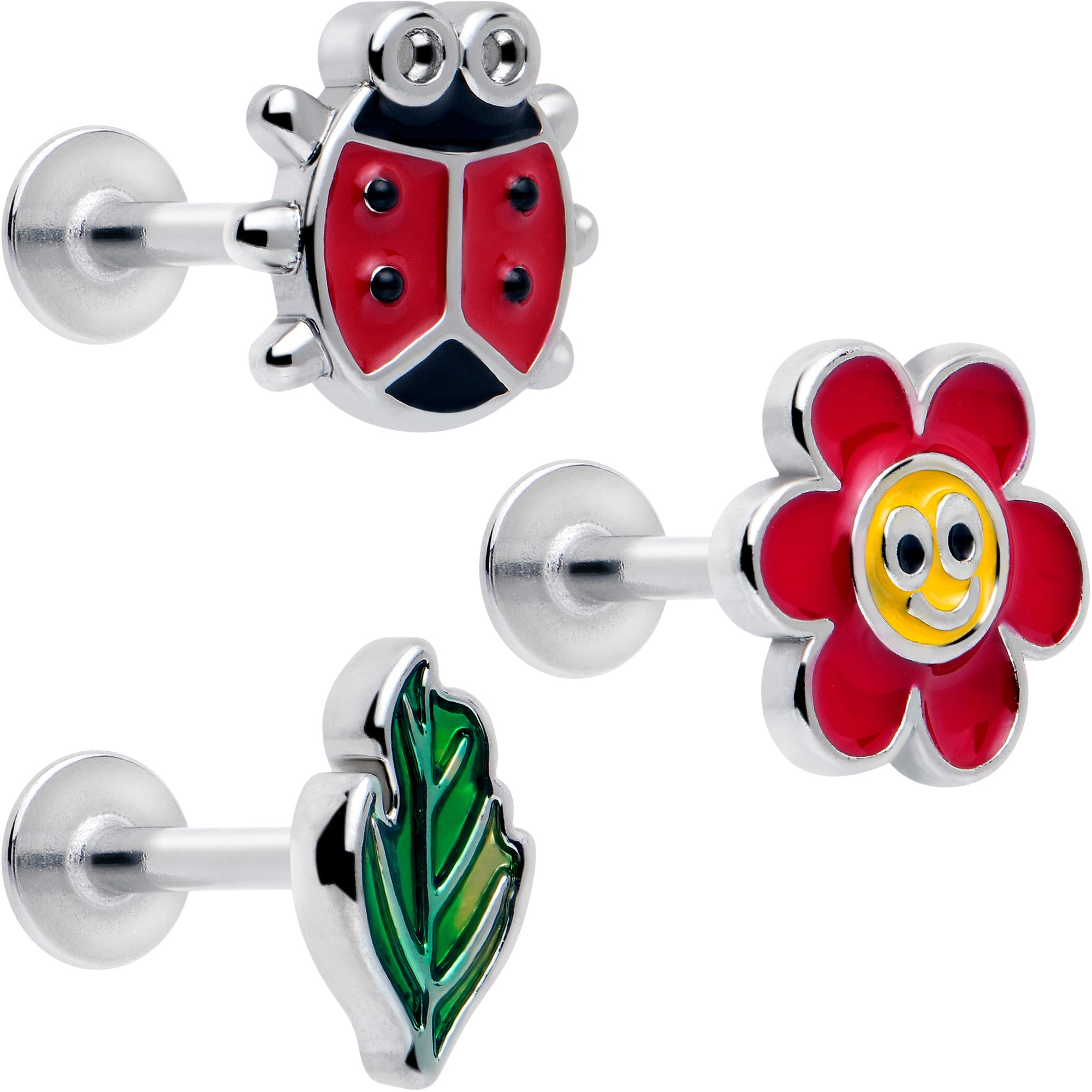 16 Gauge 5/16 Ladybug Hippie Flower Labret Monroe Tragus Set of 3