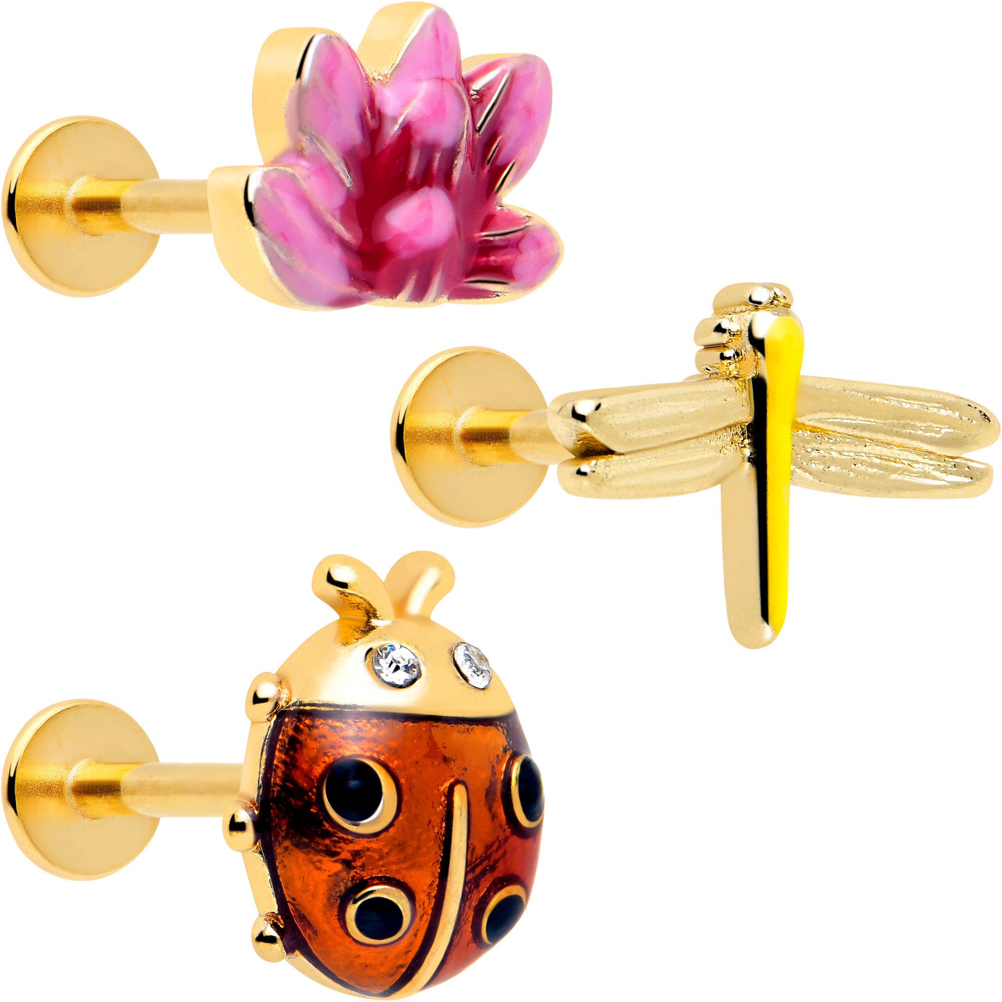 16 Gauge 5/16 Clear Gem Gold Tone Ladybug Lotus Labret Tragus Set
