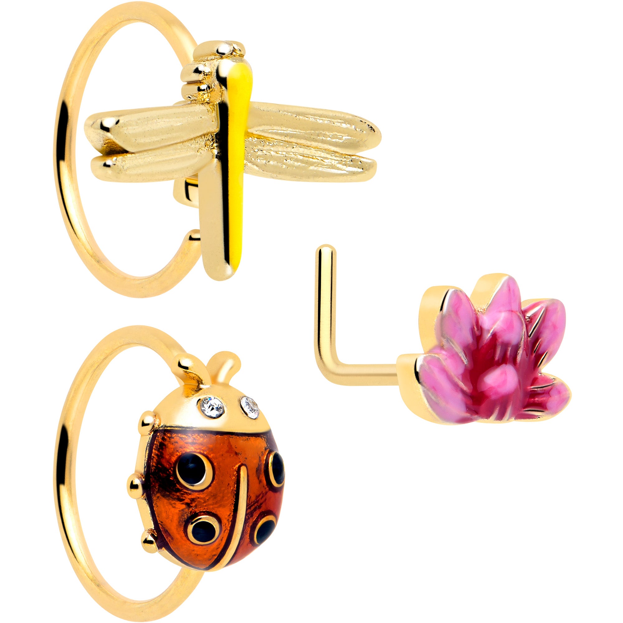 20 Gauge Clear Gem Gold Tone Lotus Ladybug L Shape Nose Hoop