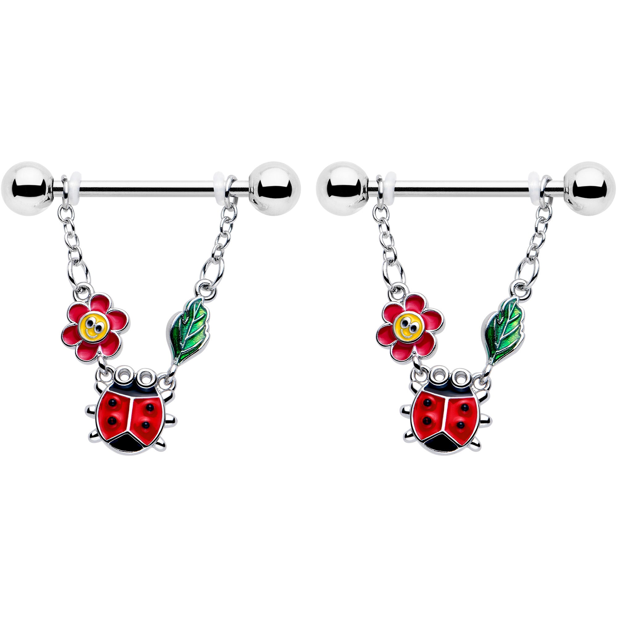 14 Gauge Ladybug Hippie Flower Chain Dangle Nipple Ring Set