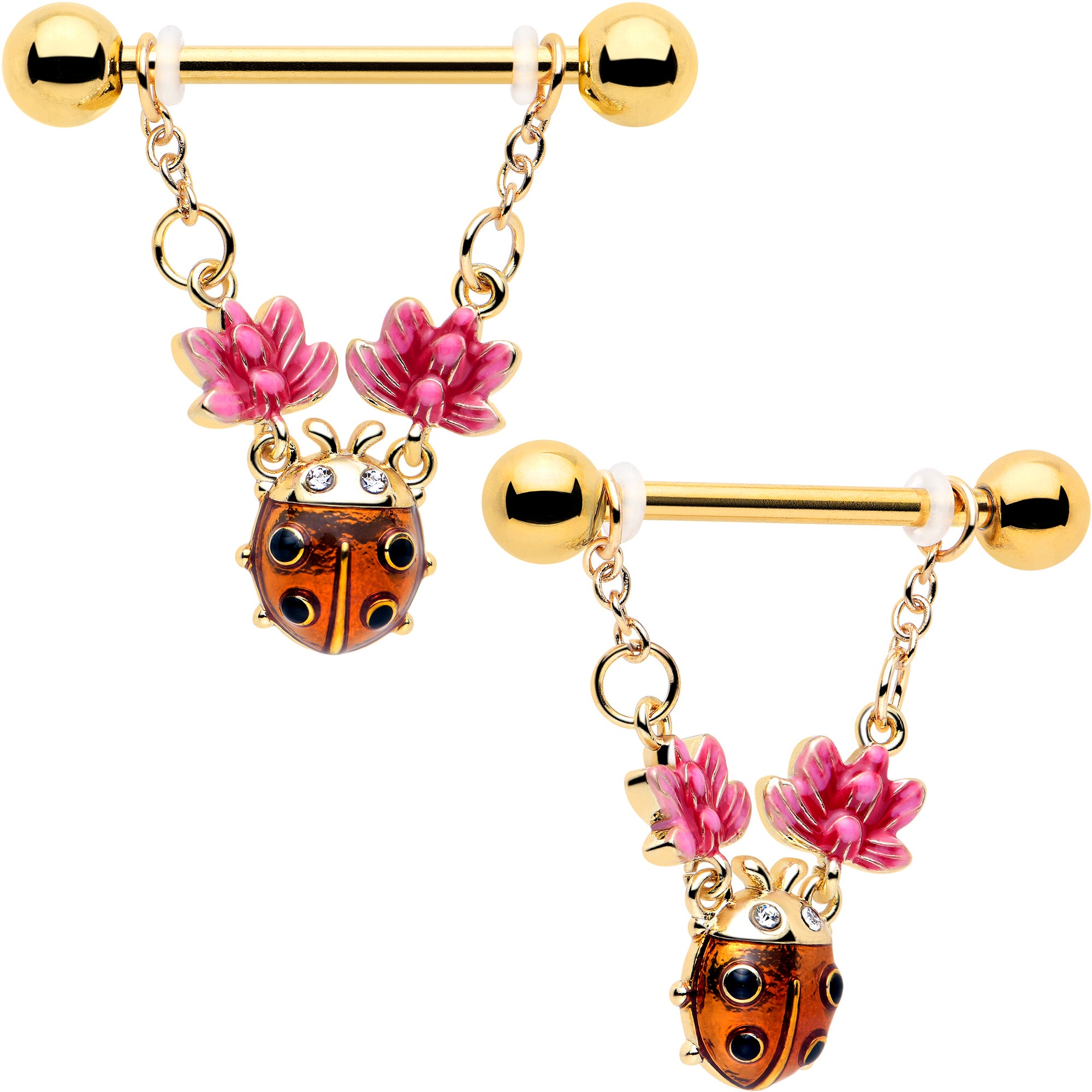 14 gauge 9/16 clear gem gold tone ladybug lotus dangle nipple ring set