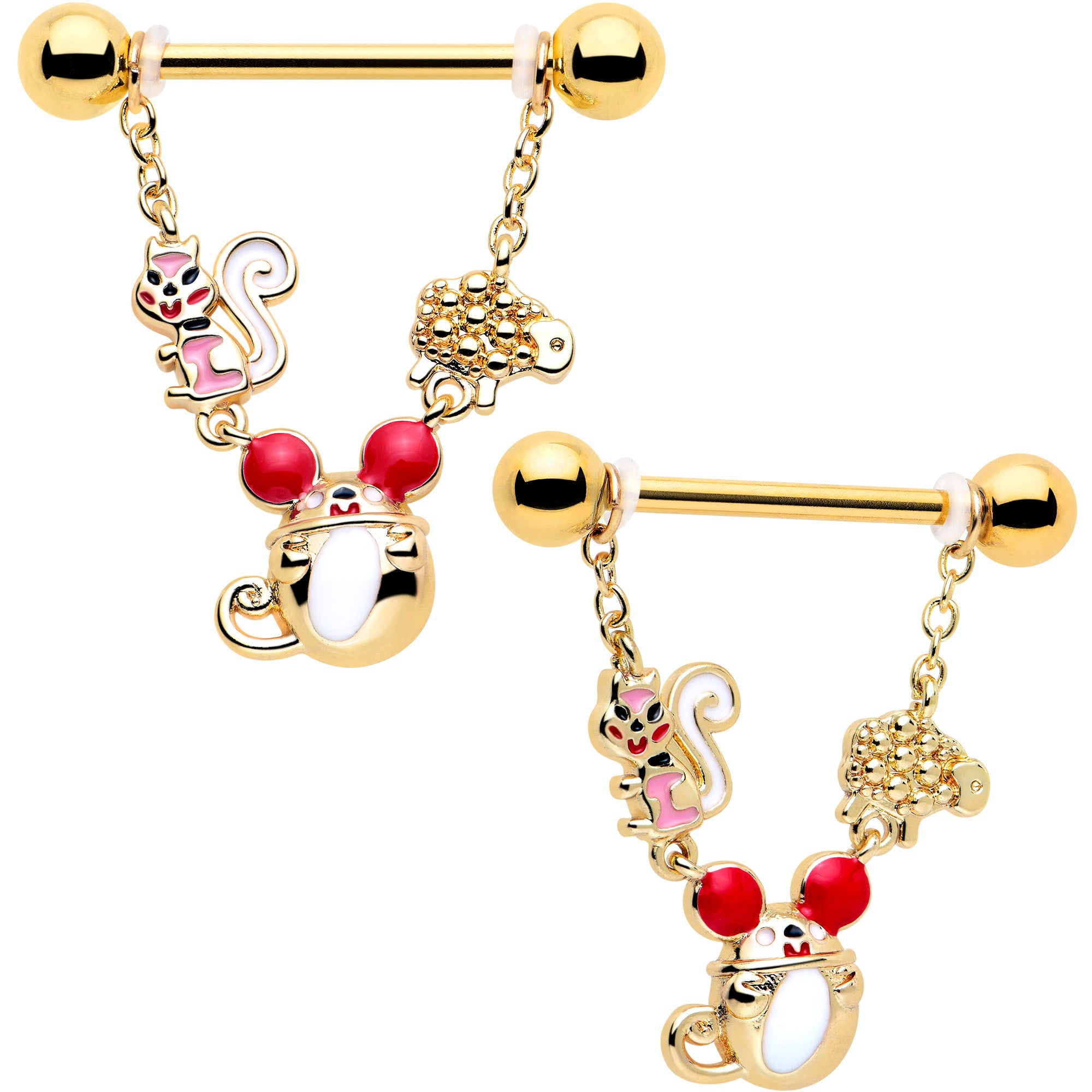 14 Gauge 9/16 Gold Tone Mouse Nipple Ring Set