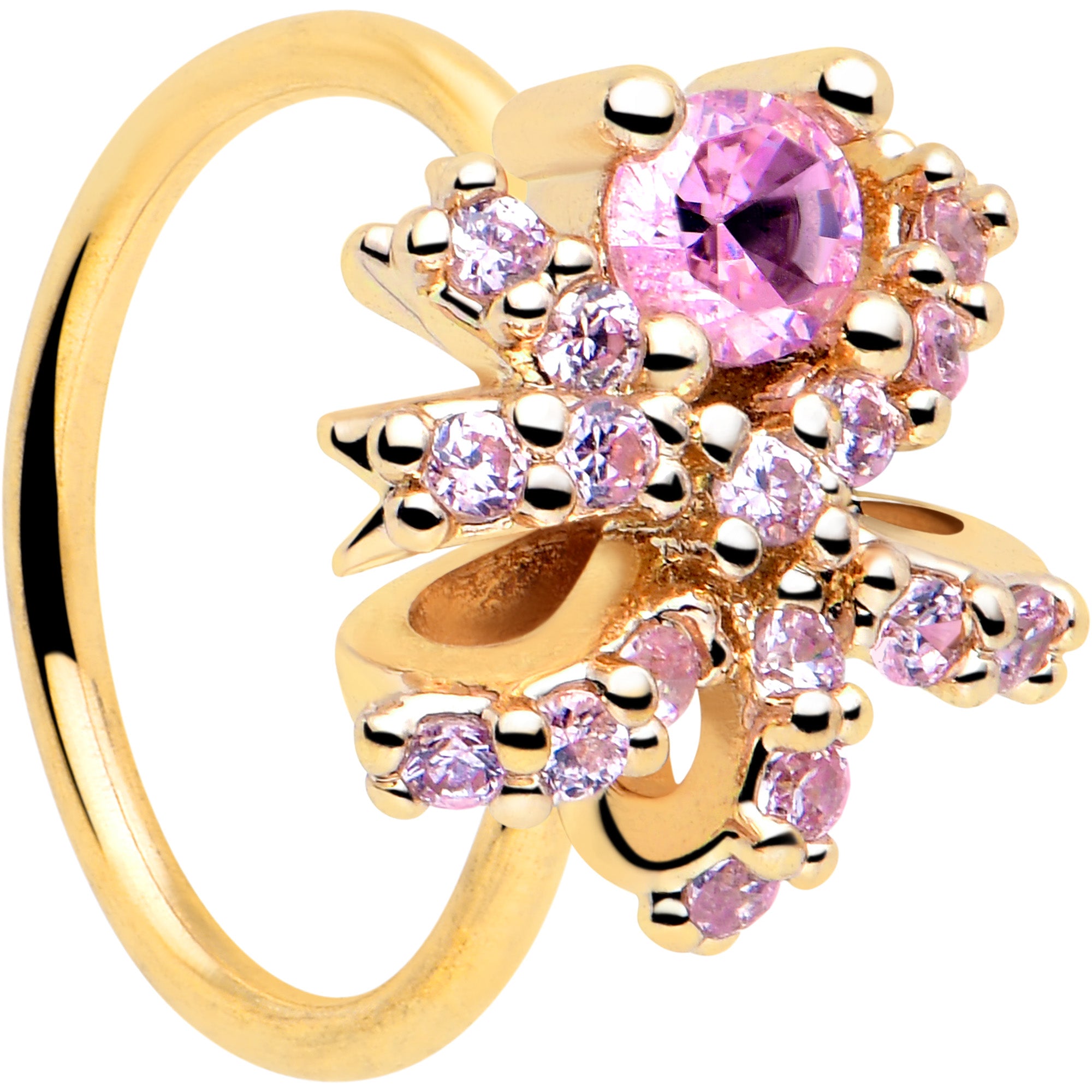 20 Gauge 5/16 Pink CZ Gem Gold Tone Abstract Ribbon Nose Hoop