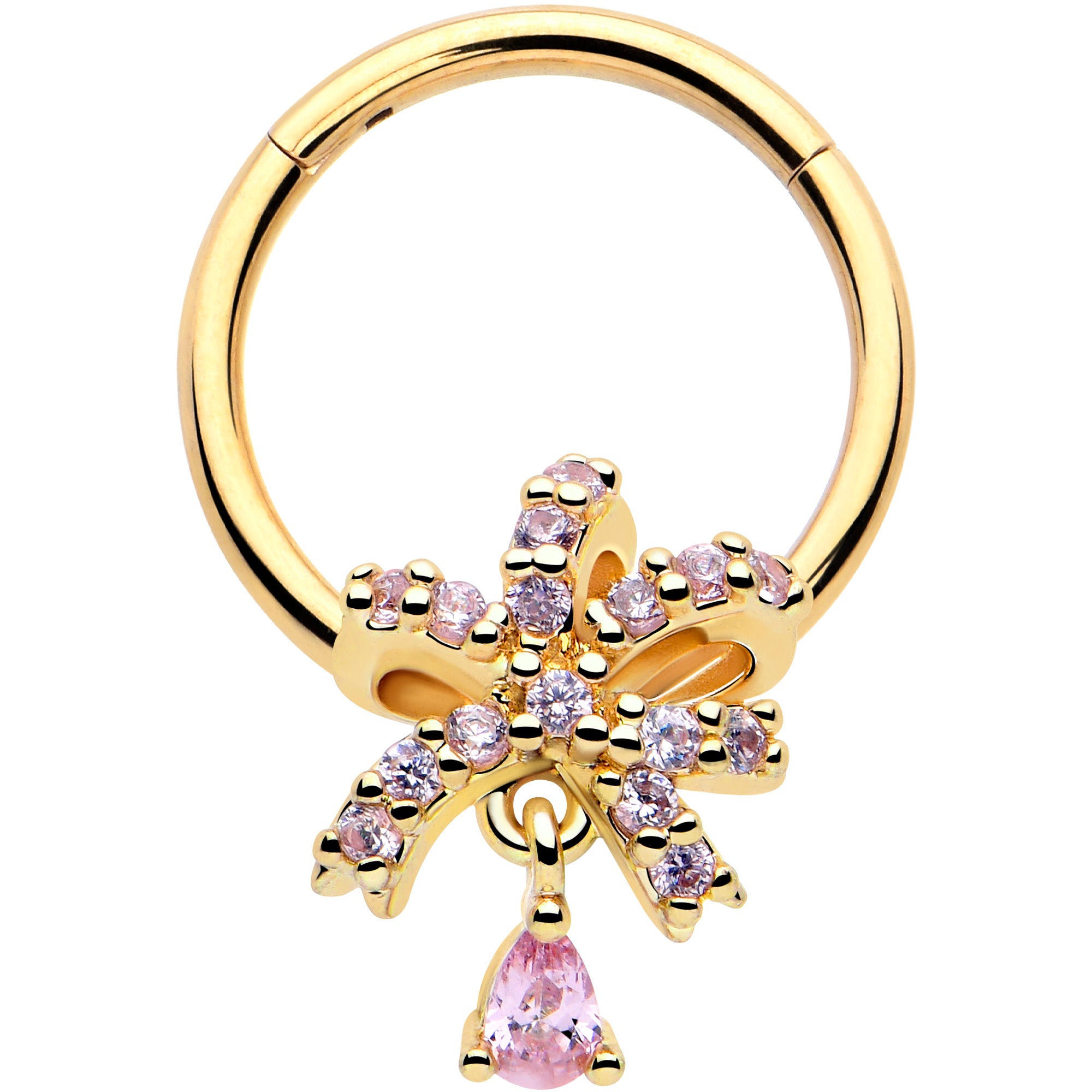 16g pink cz gold tone ribbon dangle hinged segment ring