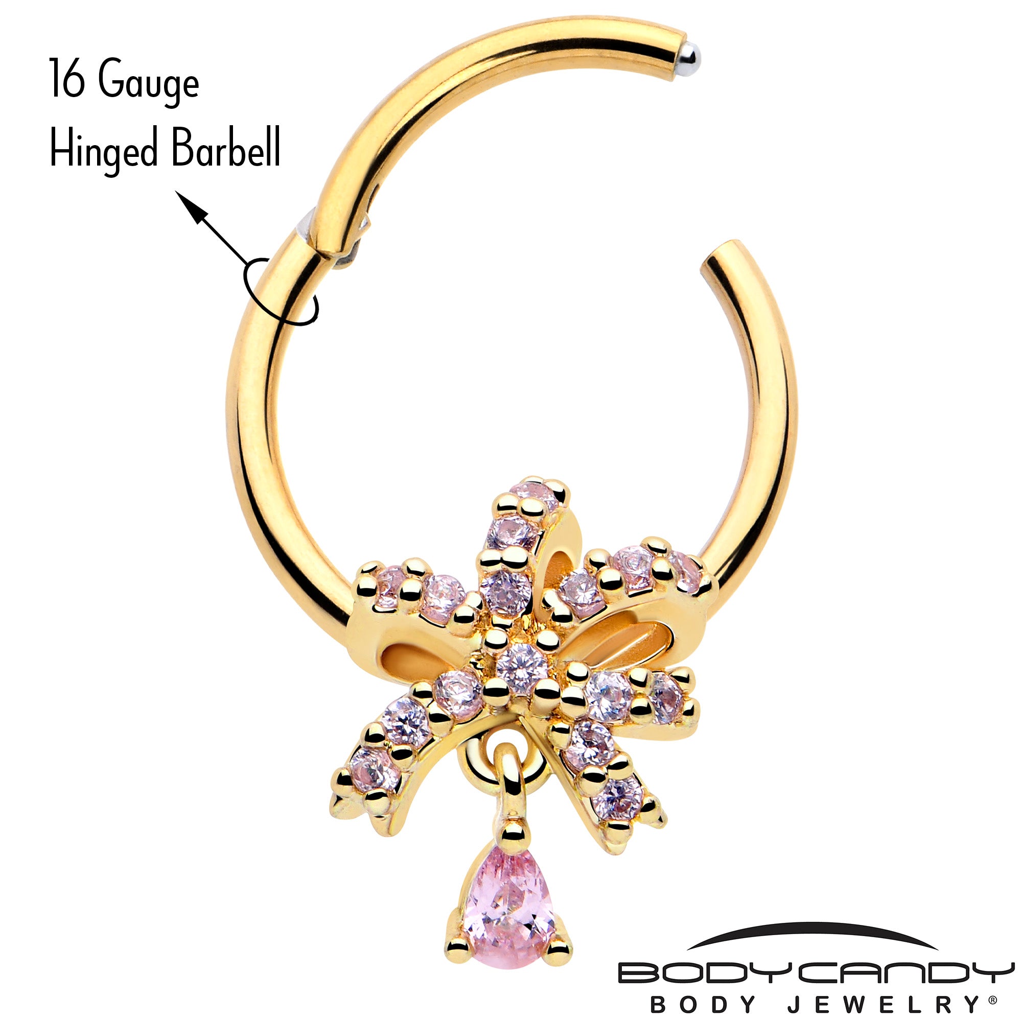 gold tone hinged segment ring with pink cz charm