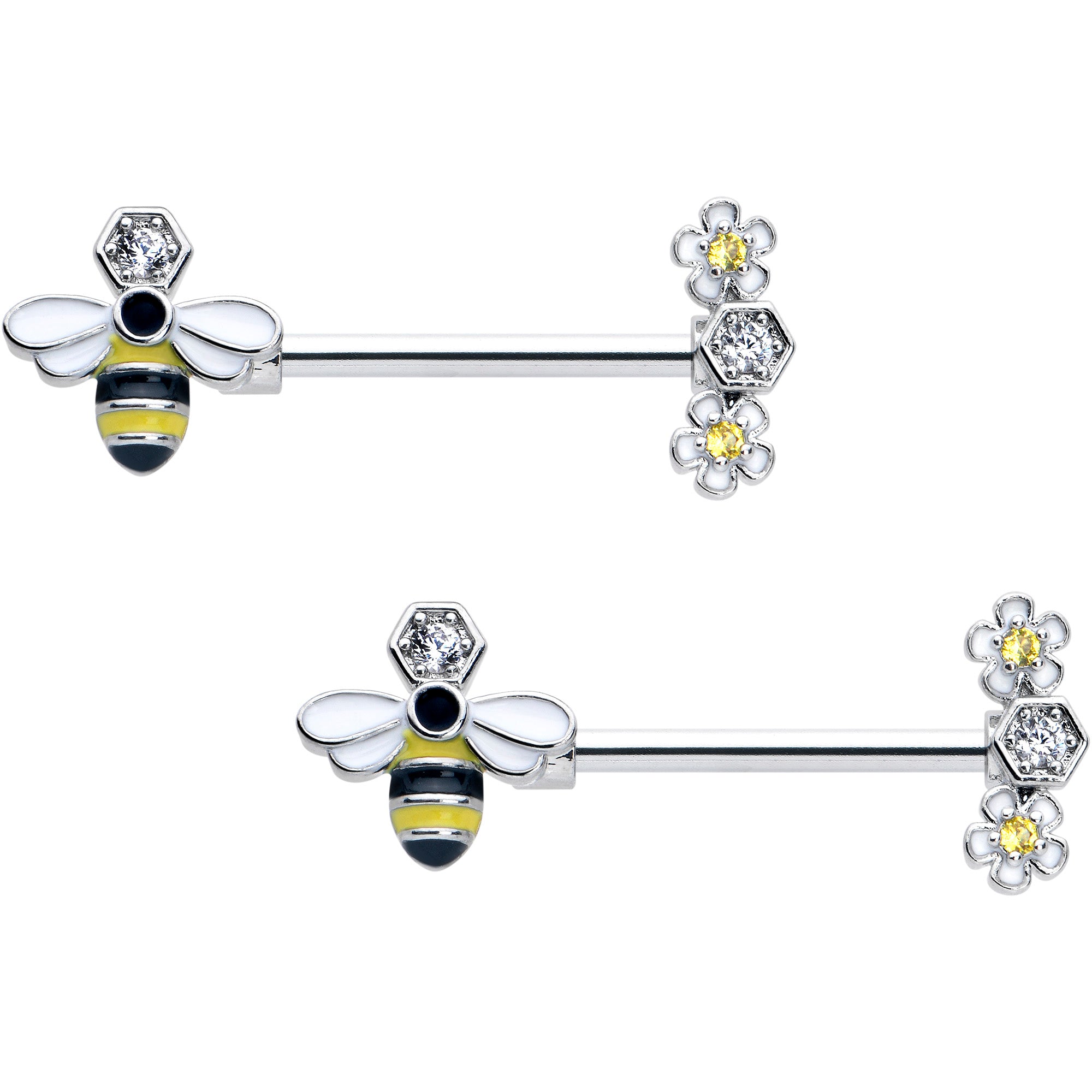 14 Gauge 9/16 Yellow Clear CZ Gem Flower Bee Barbell Nipple Ring Set