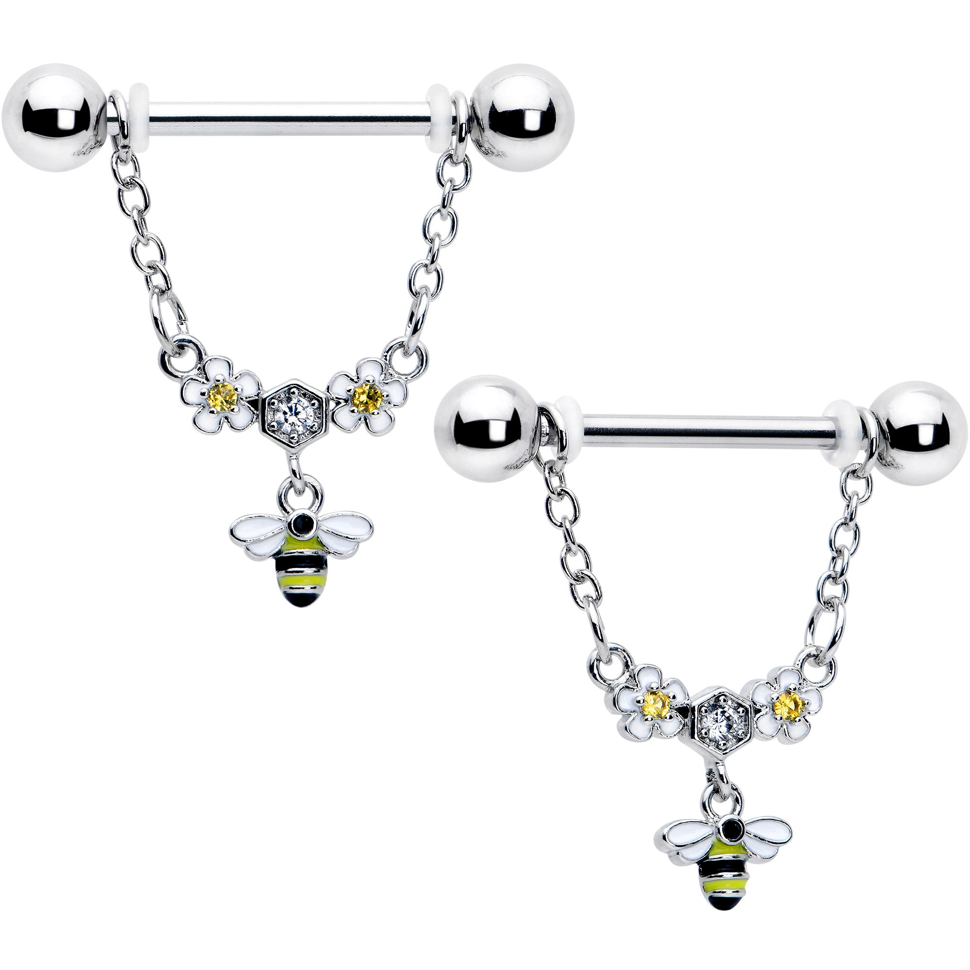 14G 9/16 Yellow CZ Gem Flower Bee Chain Dangle Nipple Ring Set