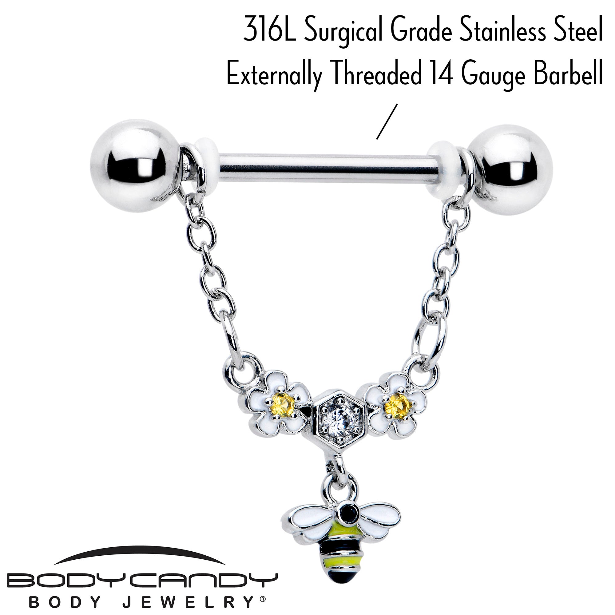 14G 9/16 Yellow CZ Gem Flower Bee Chain Dangle Nipple Ring Set