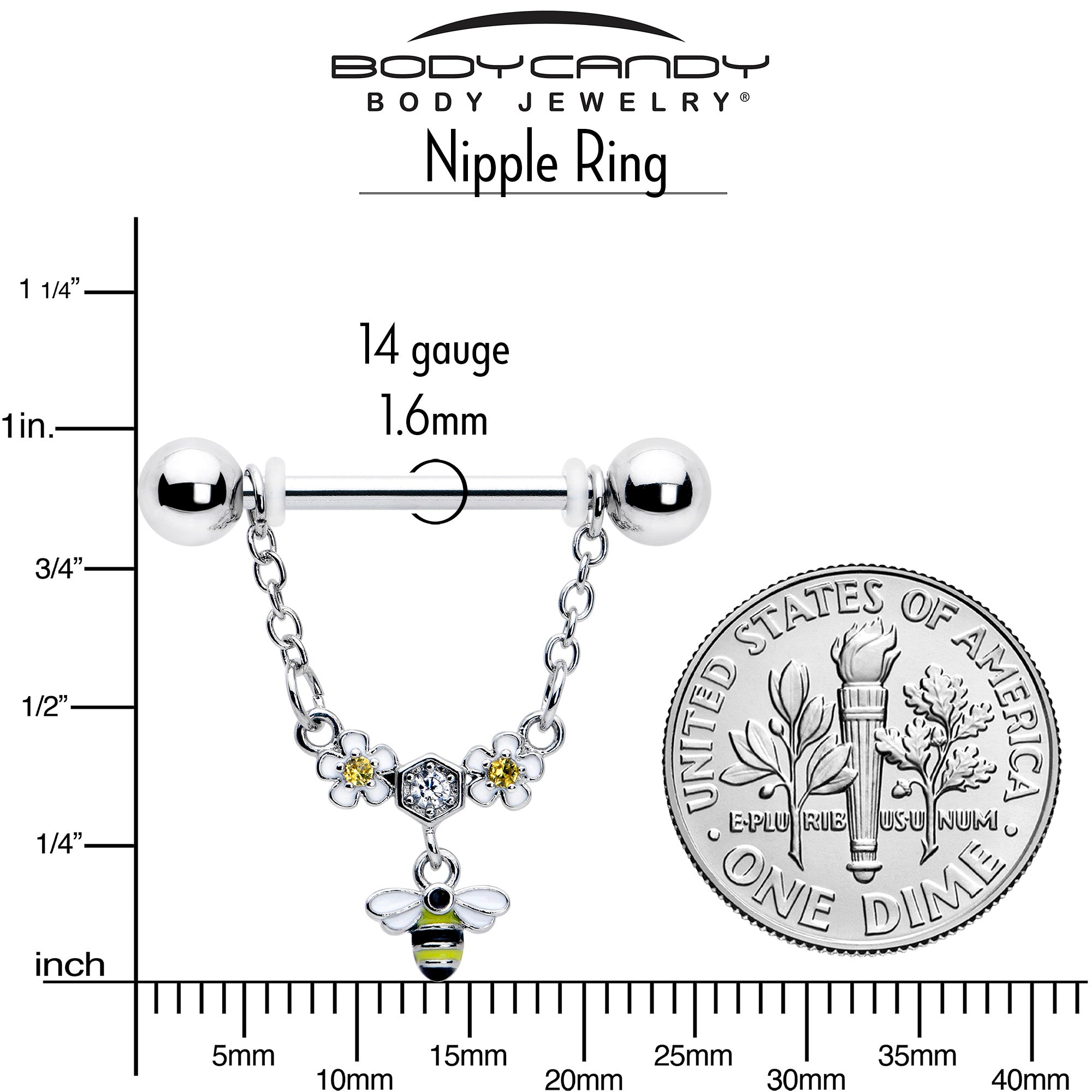14G 9/16 Yellow CZ Gem Flower Bee Chain Dangle Nipple Ring Set