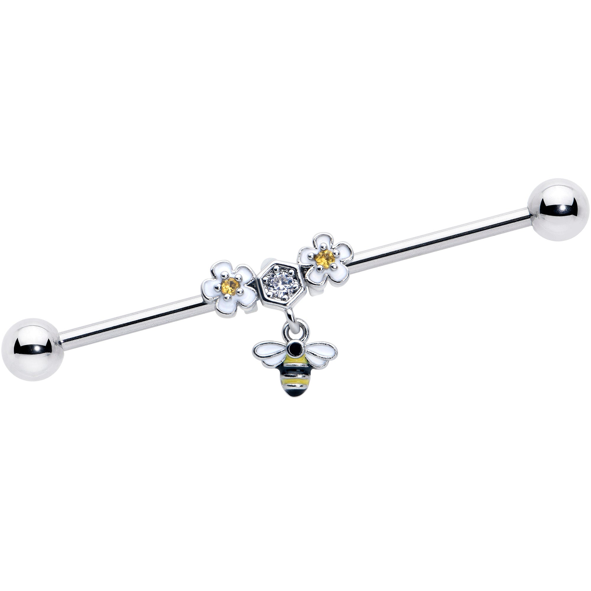 14 Gauge Yellow CZ Gem Flower Bee Dangle Industrial Barbell 38mm