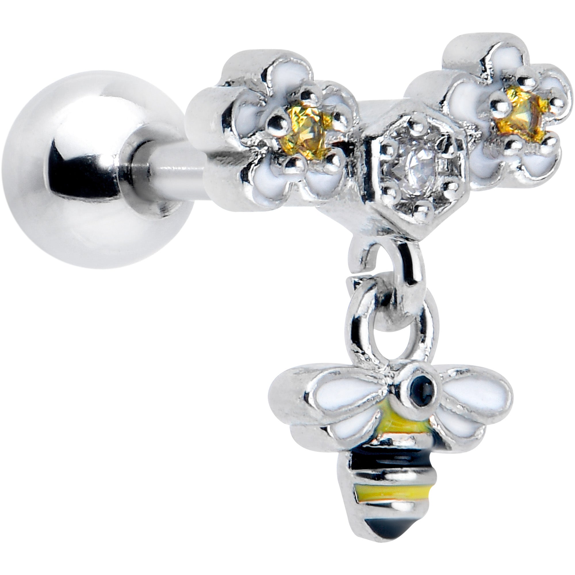 16 Gauge 1/4 Yellow CZ Gem Flower Bee Dangle Cartilage Tragus Earring