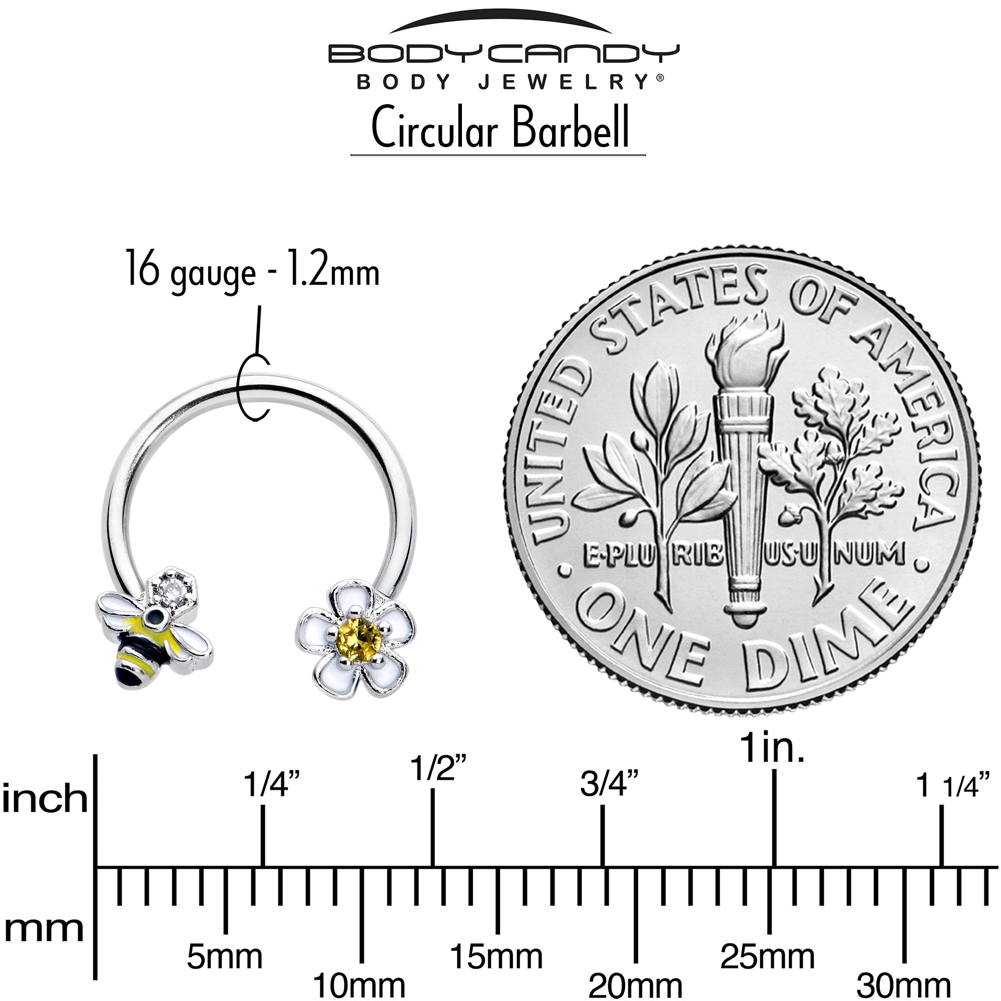 16G 3/8 Yellow CZ Gem Bee Flower Horseshoe Circular Barbell