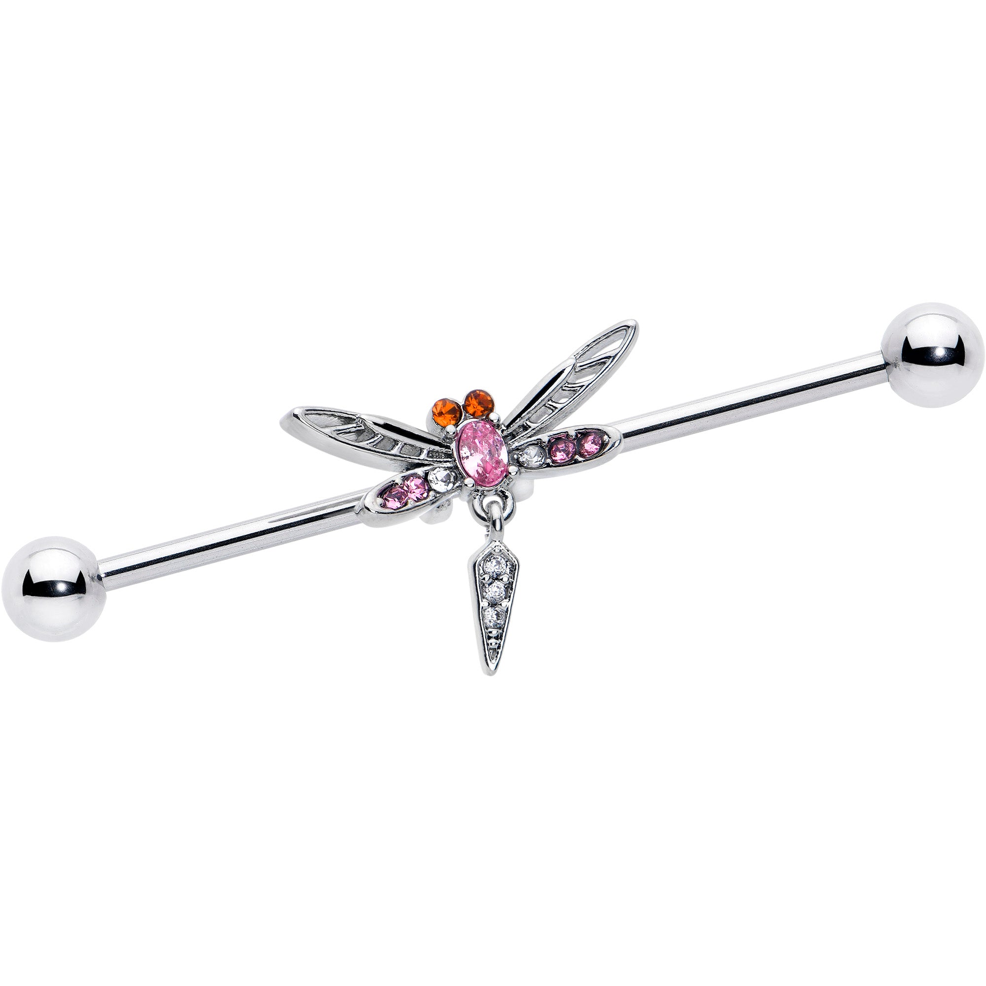 14G Pink Orange Gem Swank Dragonfly Dangle Industrial Barbell 38mm