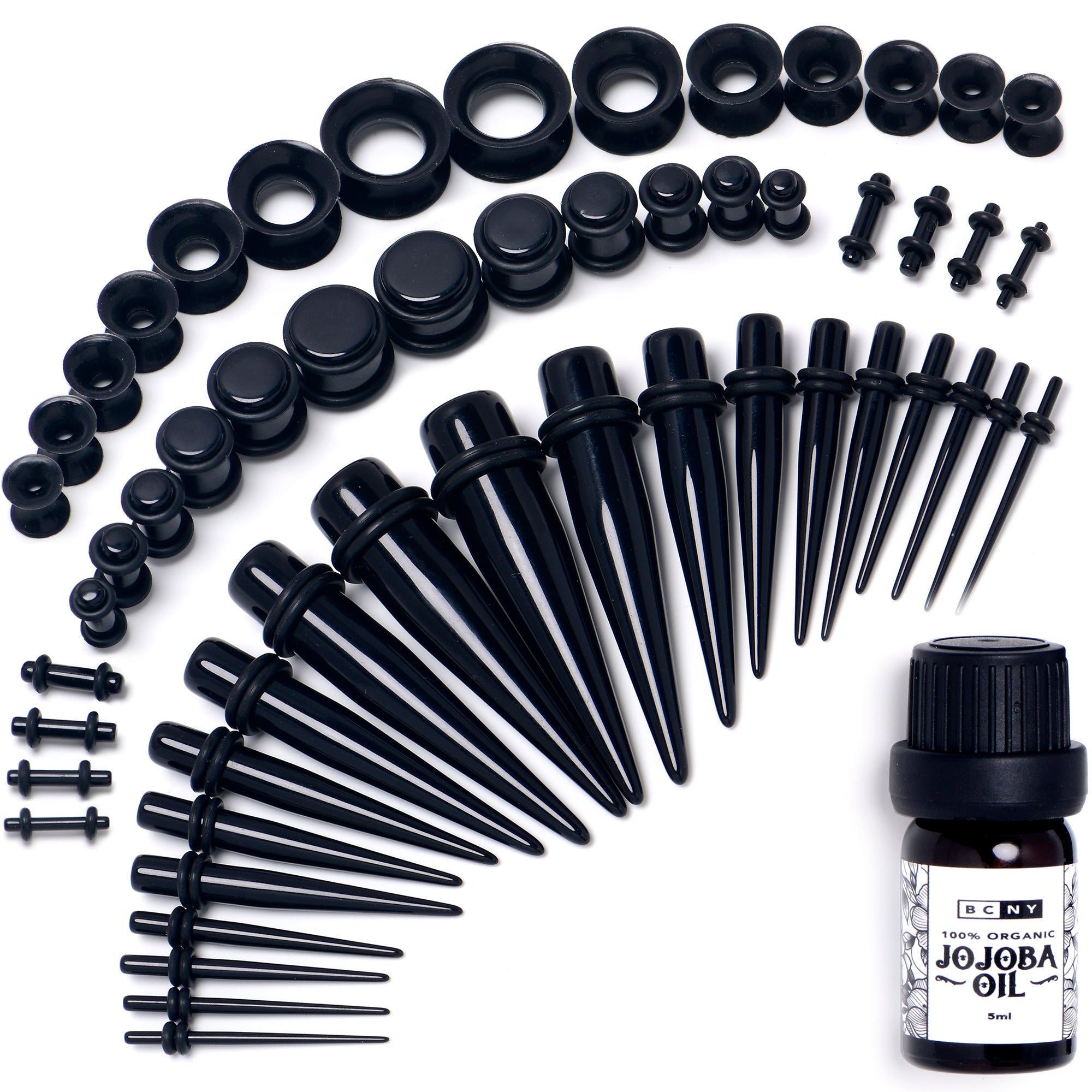 14G to 1/2 Black Acrylic 54 Piece Ear Stretching Kit with Jojoba Oil