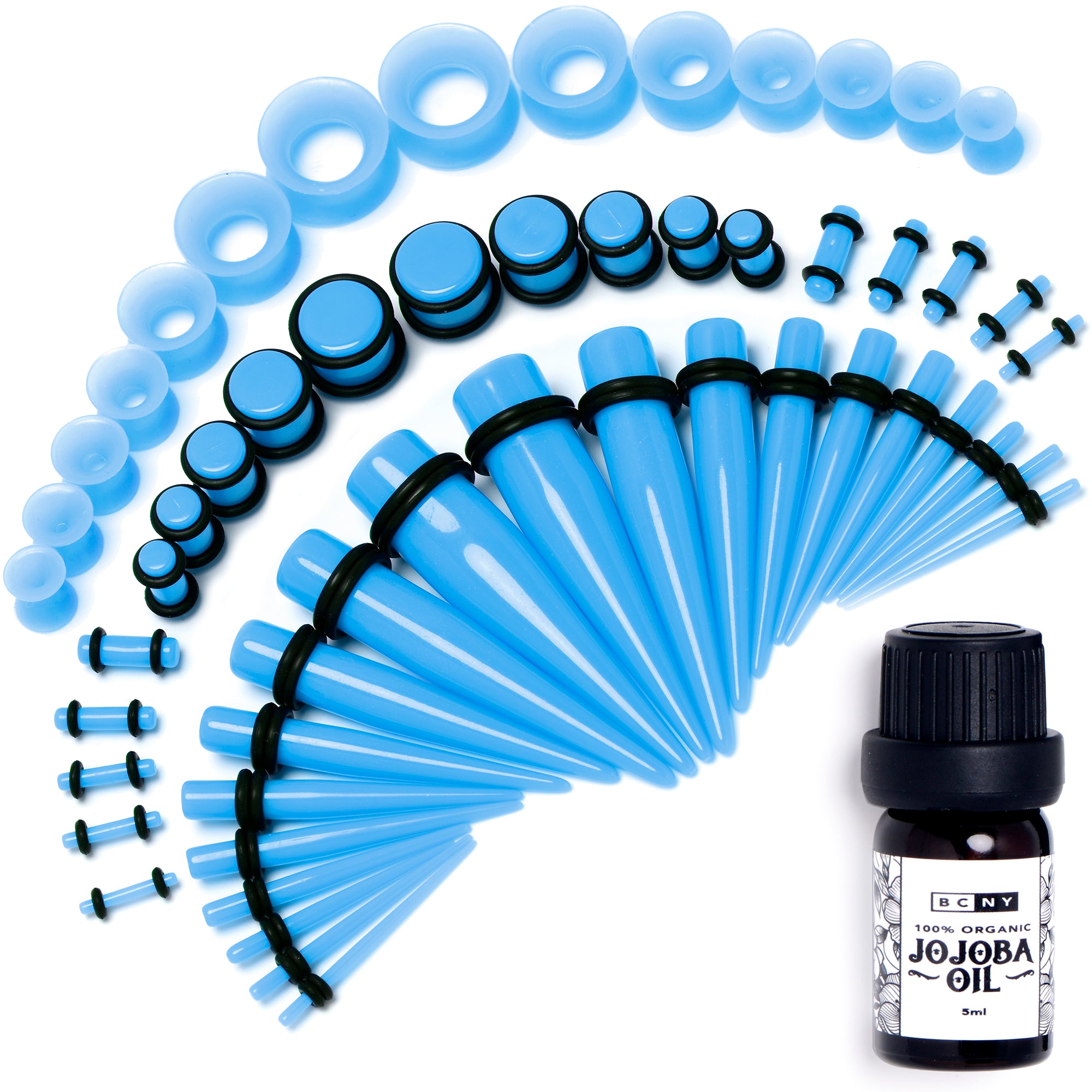 14G to 1/2 Blue Acrylic 54 Piece Ear Stretching Kit with Jojoba Oil