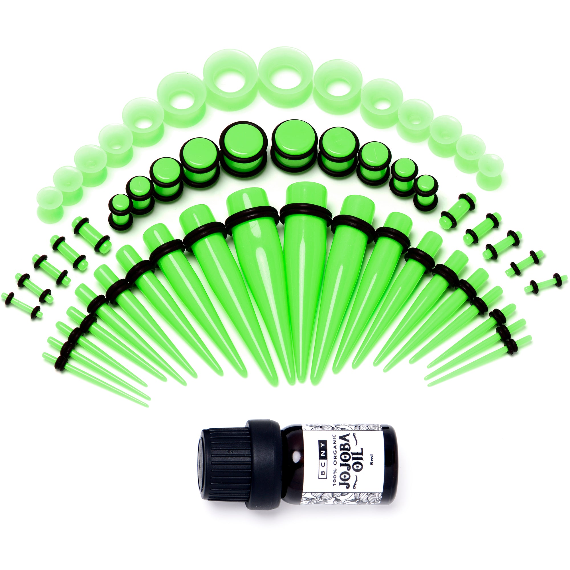 14G to 1/2 Green Acrylic 54 Piece Ear Stretching Kit with Jojoba Oil