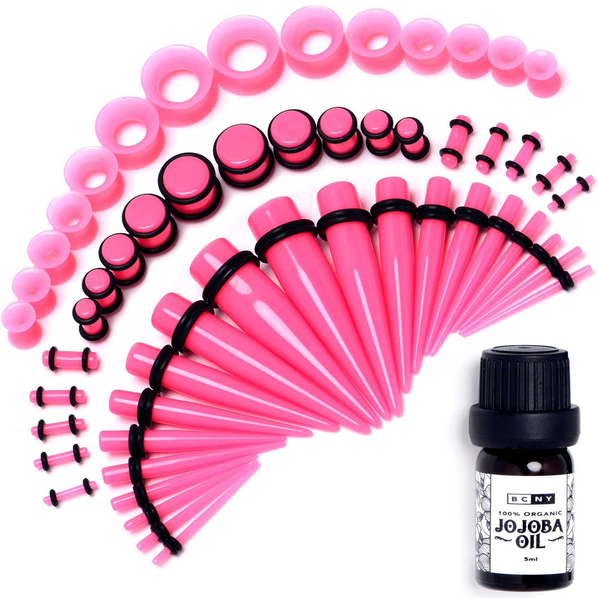 14G to 1/2 Pink Acrylic 54 Piece Ear Stretching Kit with Jojoba Oil