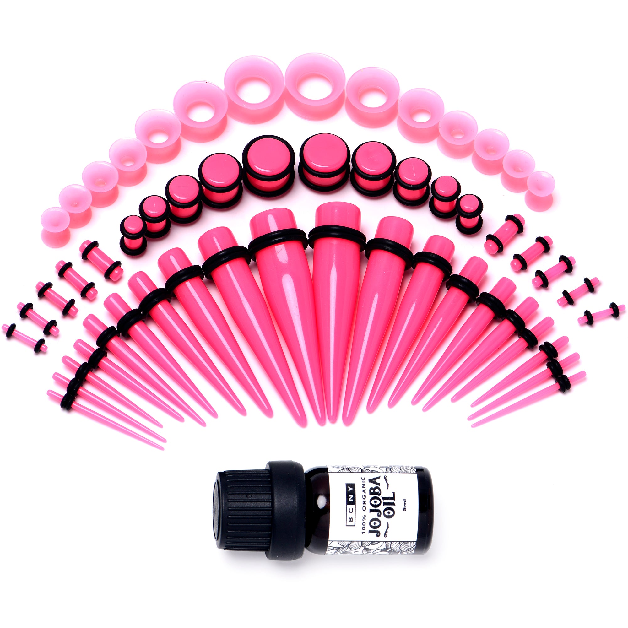 14G to 1/2 Pink Acrylic 54 Piece Ear Stretching Kit with Jojoba Oil