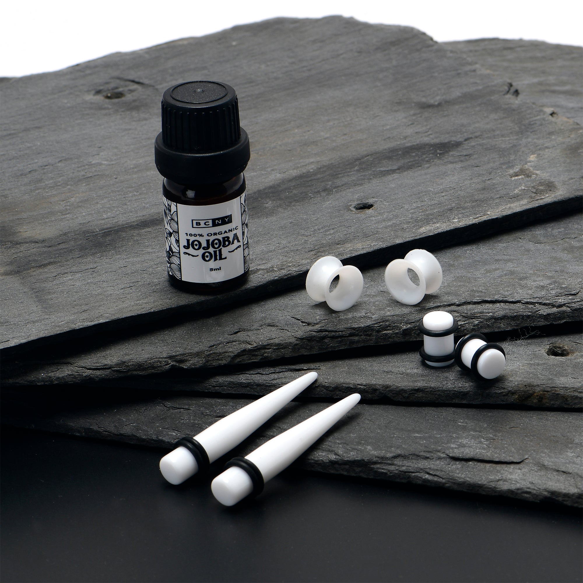 14G to 1/2 White Acrylic 54 Piece Ear Stretching Kit with Jojoba Oil