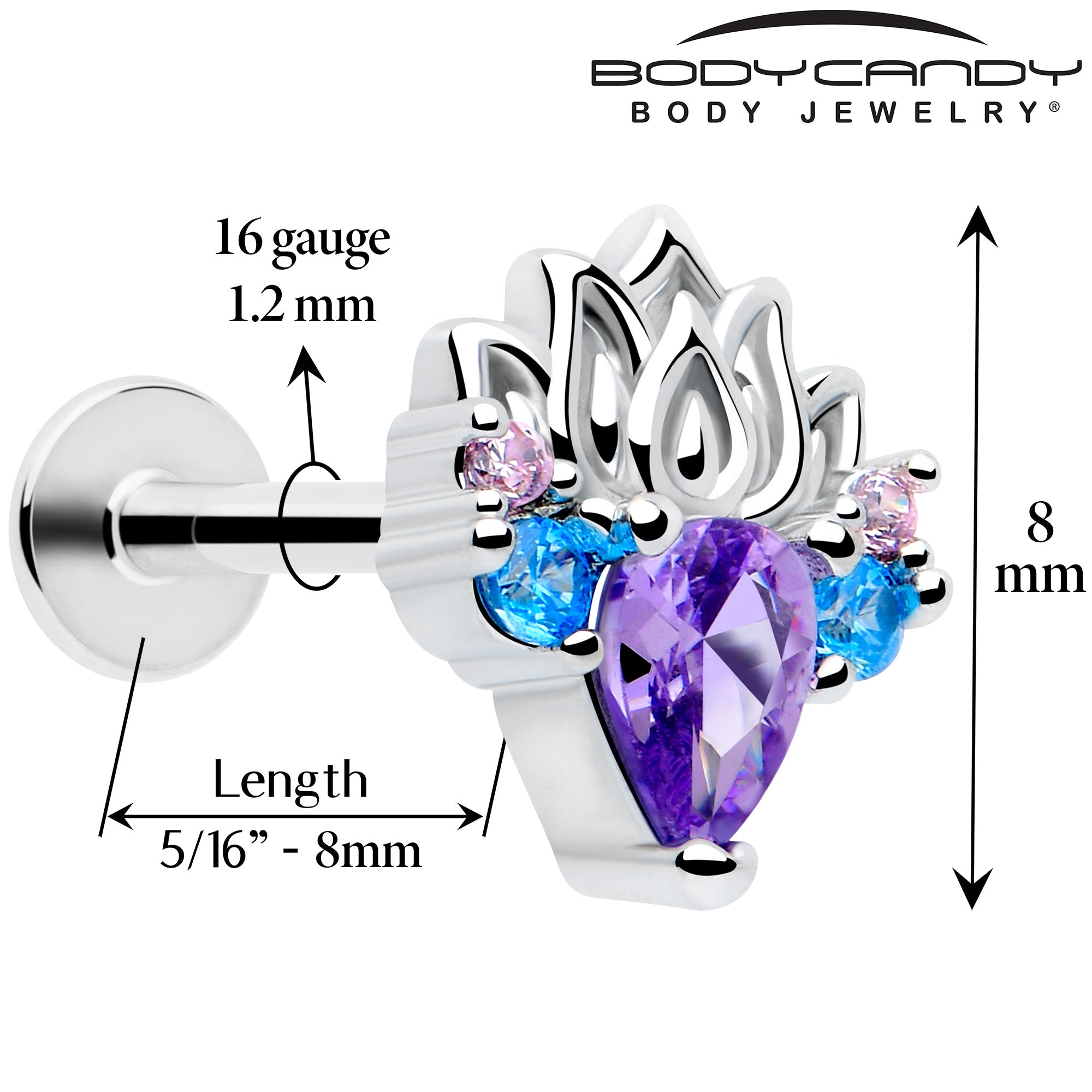 purple cubic zirconia lotus labret piercing