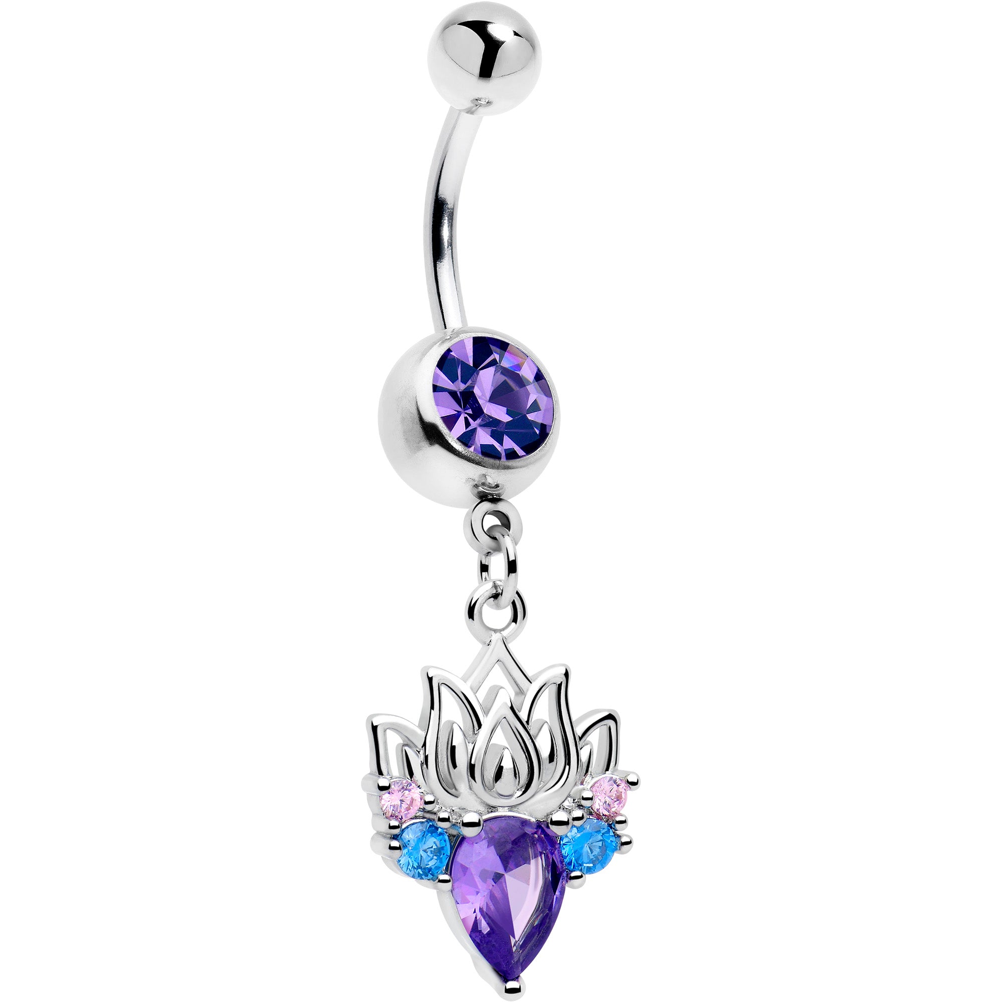 purple blue cz gem fire lotus flower dangle belly ring