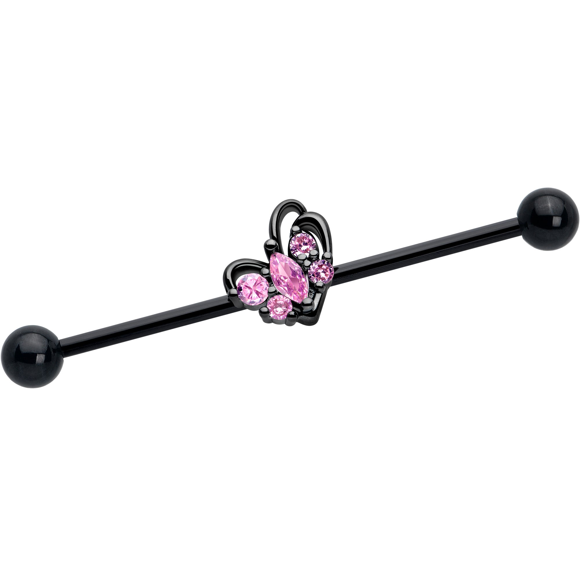 14 gauge pink cz gem black heart industrial barbell