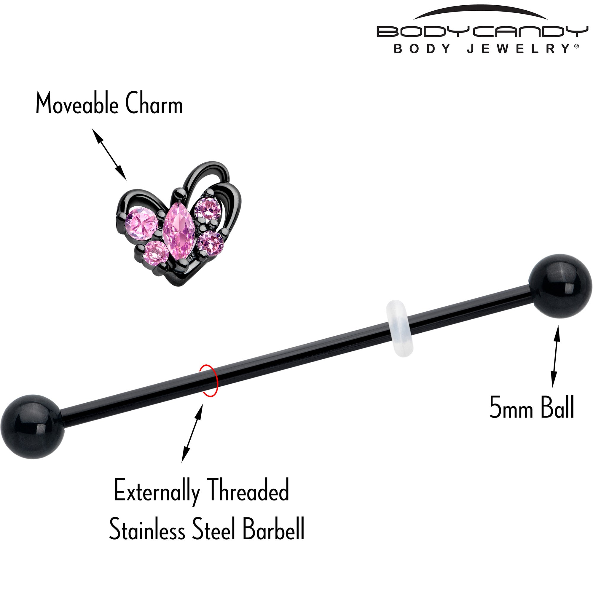 pink cz heart industrial ear piercing barbell