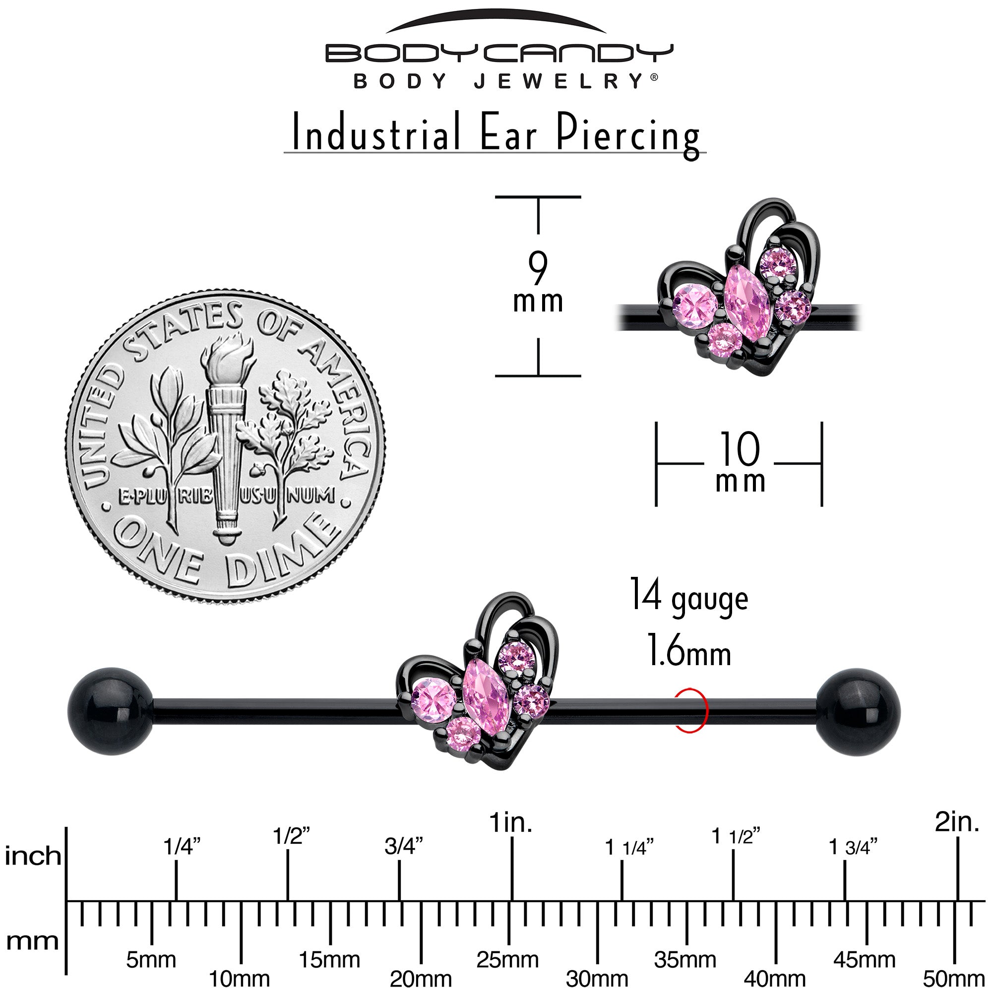 black industrial barbell with pink heart gem