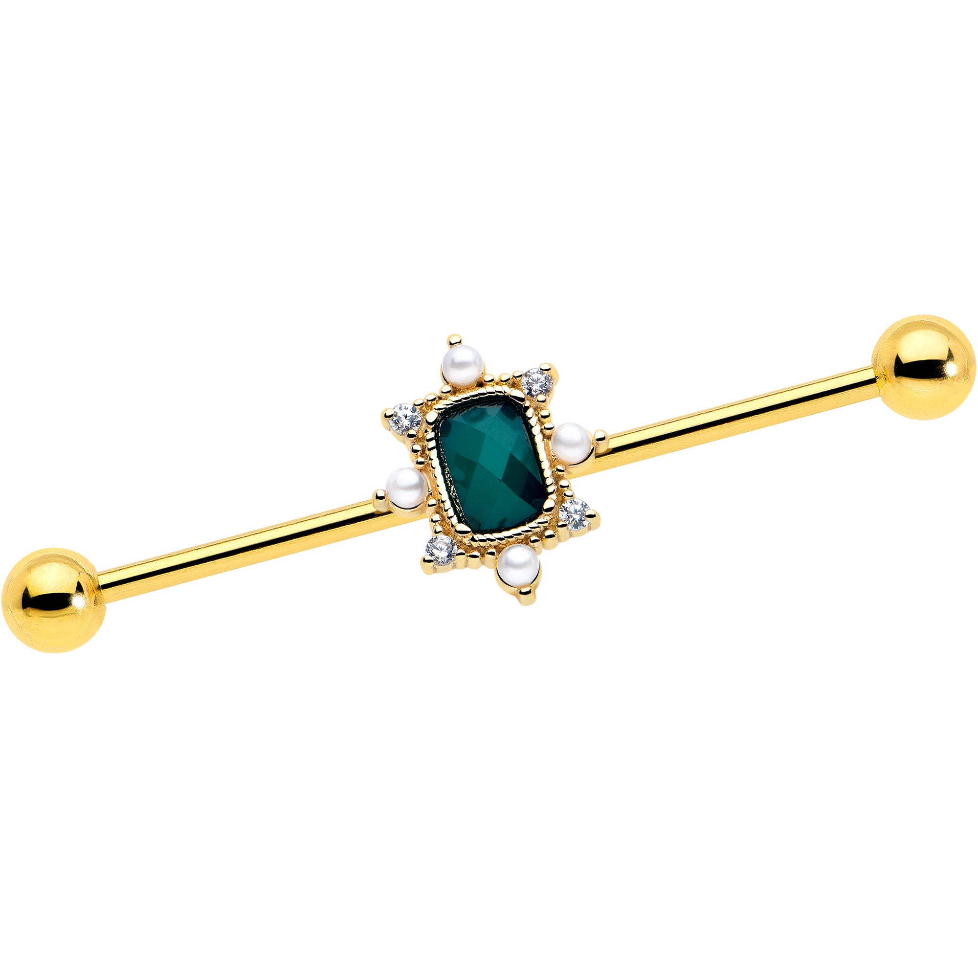 14 gauge green cz gem gold tone industrial barbell