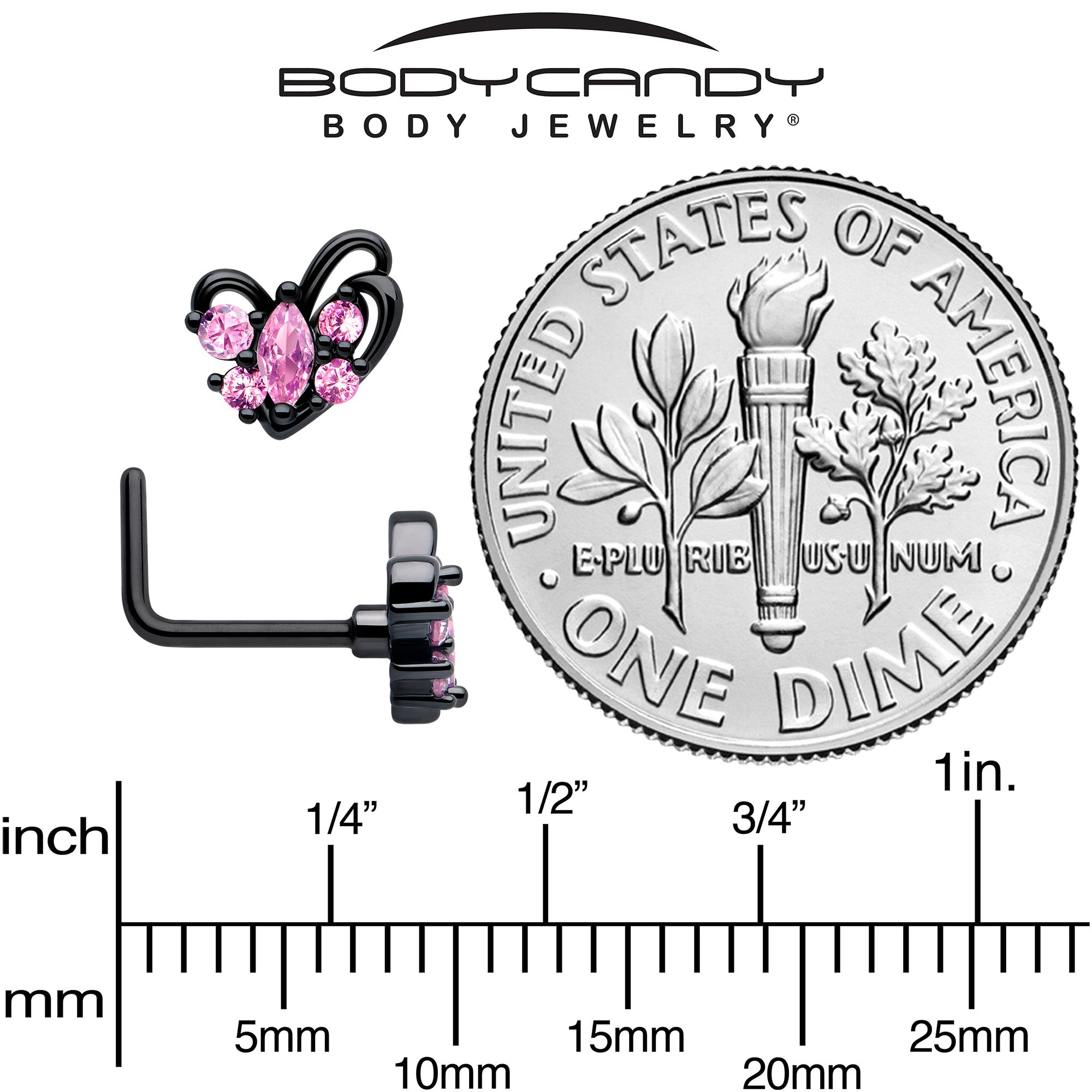 black L bend nose ring with looping heart pink CZ