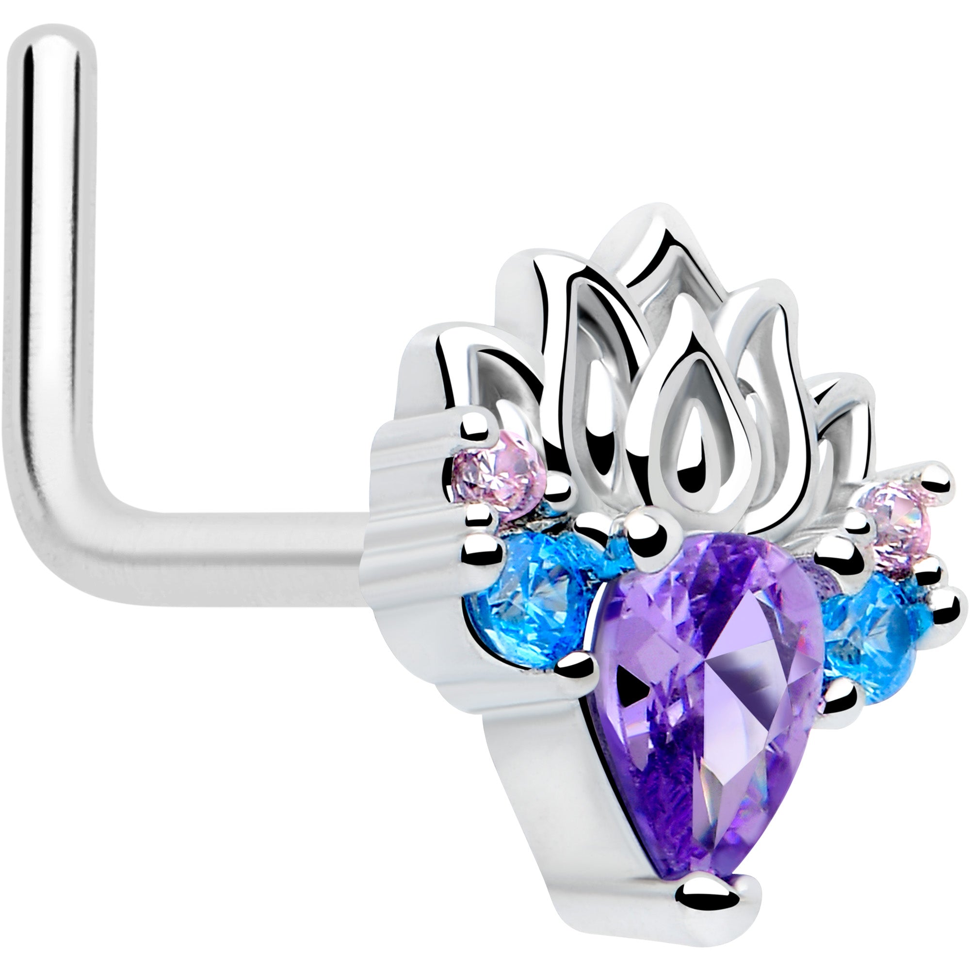 20 gauge purple cz lotus l shape nose ring