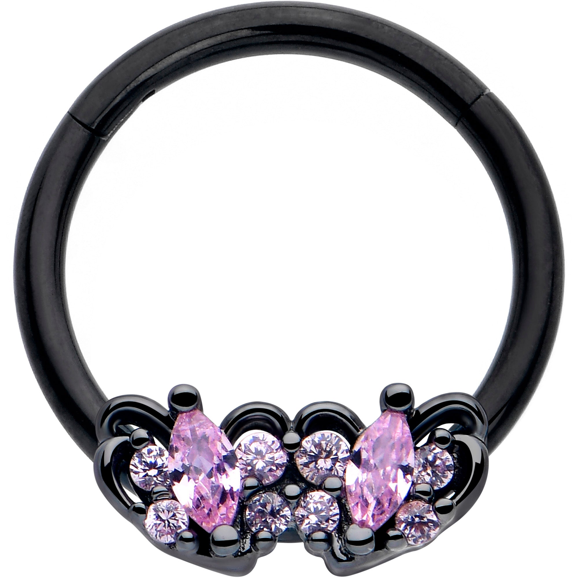 16G pink CZ gem black looping hearts hinged segment ring