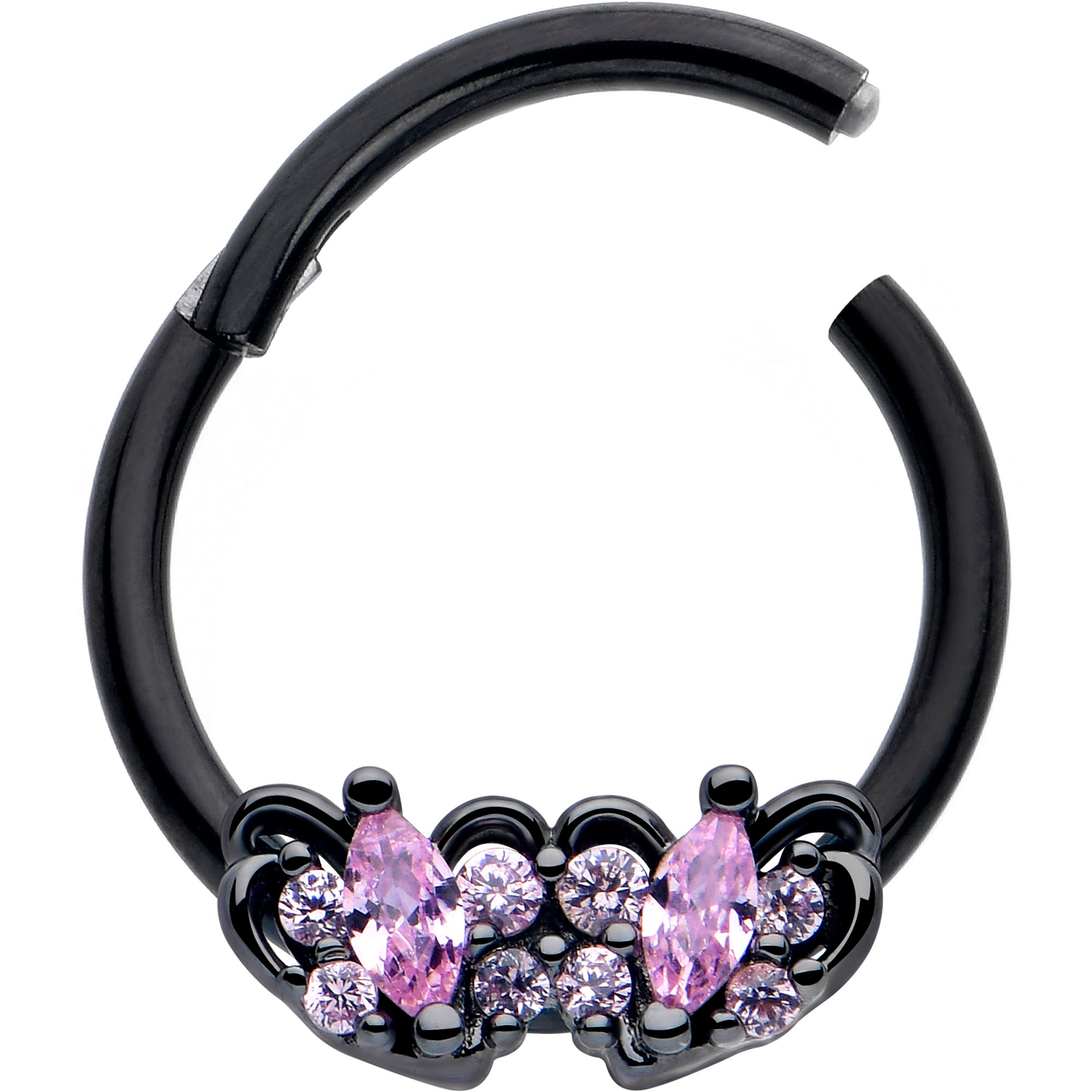 black hinged segment ring with pink cubic zirconia heart design