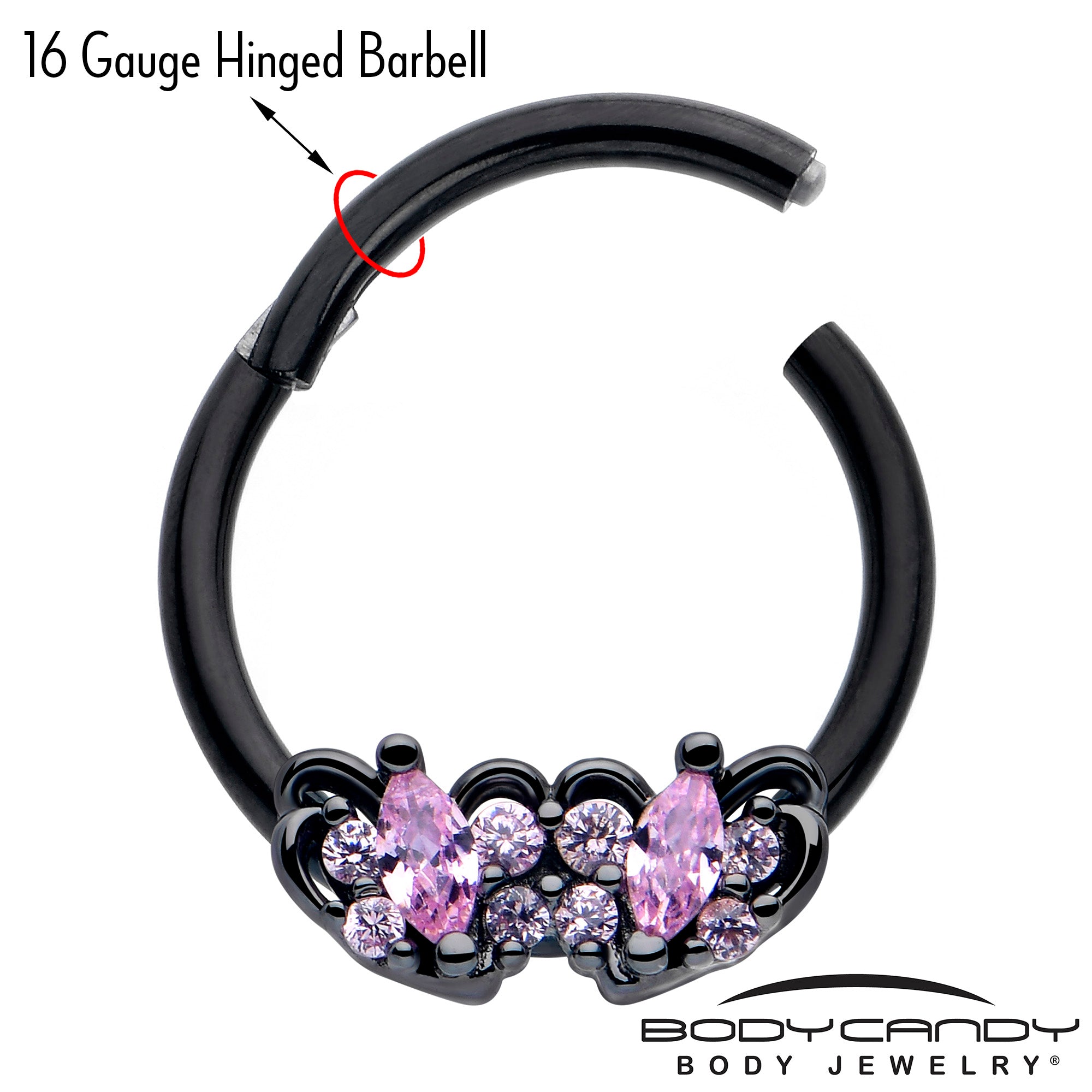 16 gauge black heart themed clicker ring pink CZ