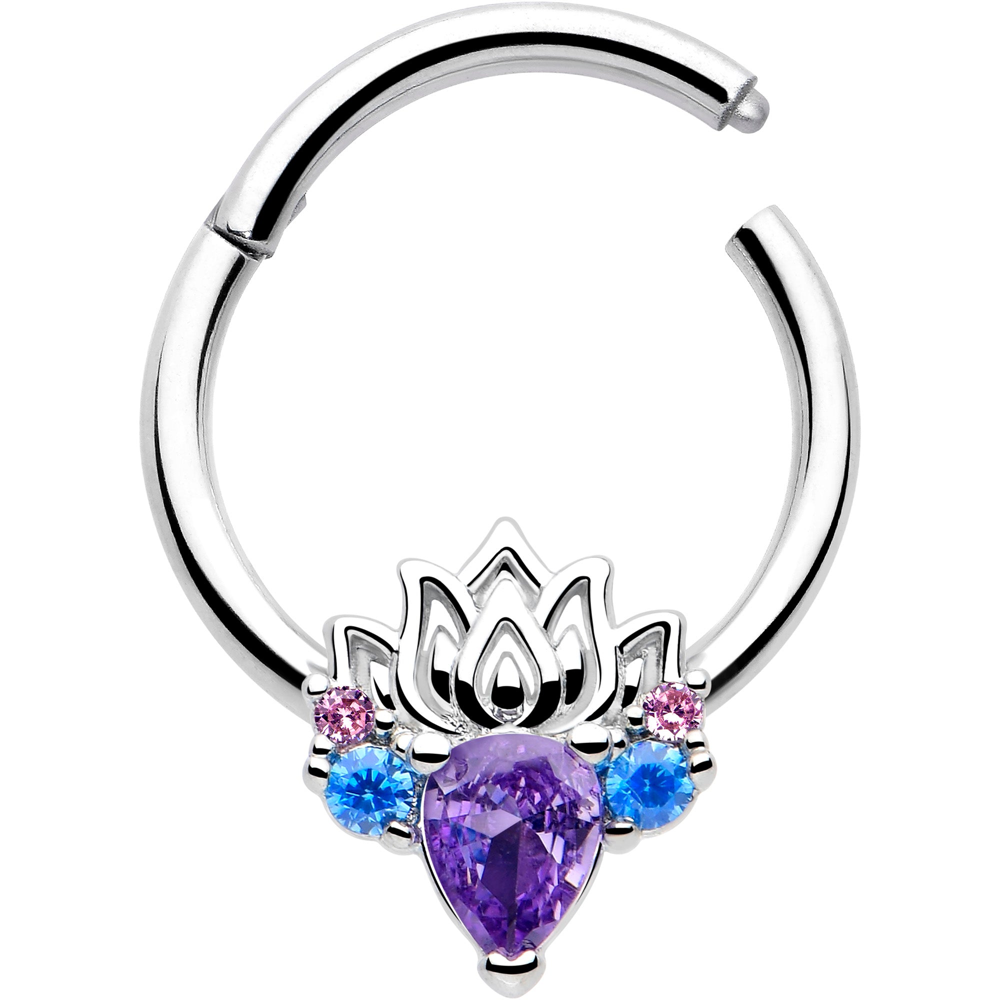 purple cubic zirconia lotus hinged hoop piercing jewelry