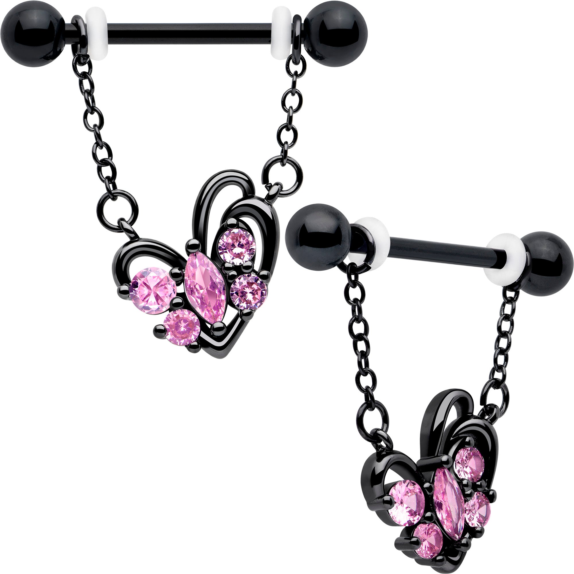 14g pink cz gem black looping hearts chain dangle nipple ring set