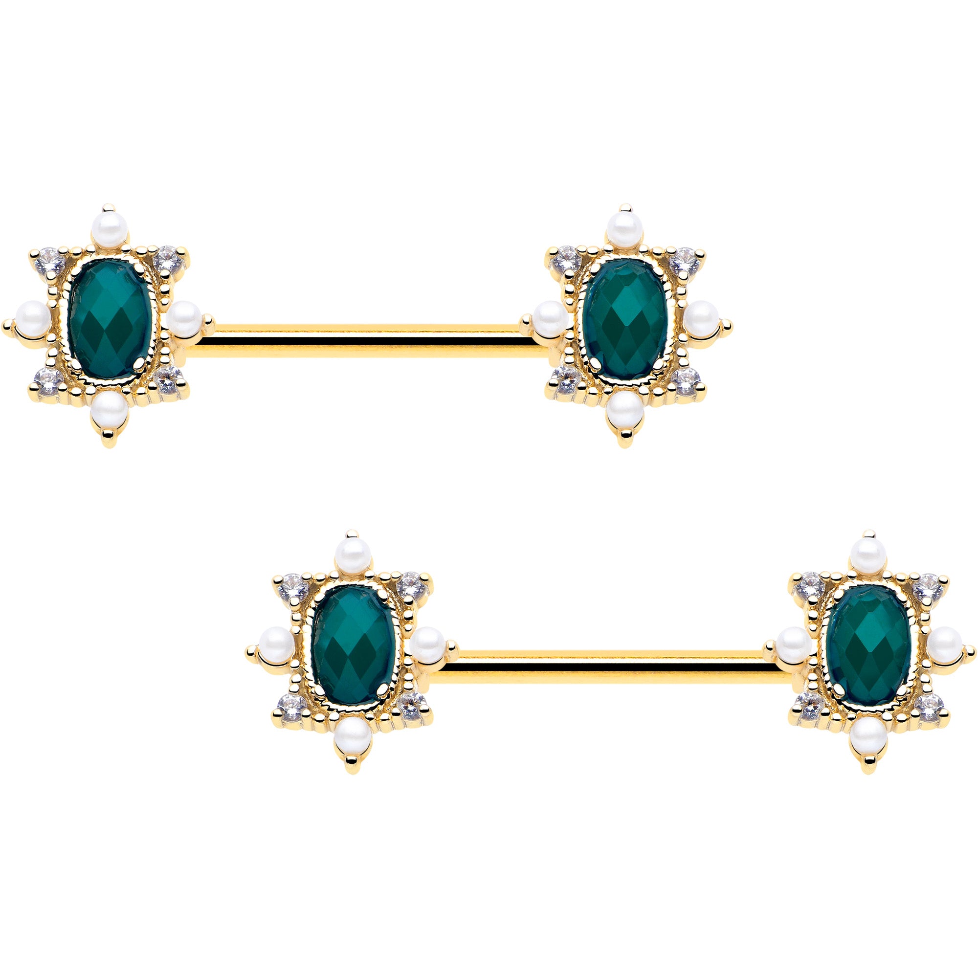 14g green cz gem gold tone nipple ring set