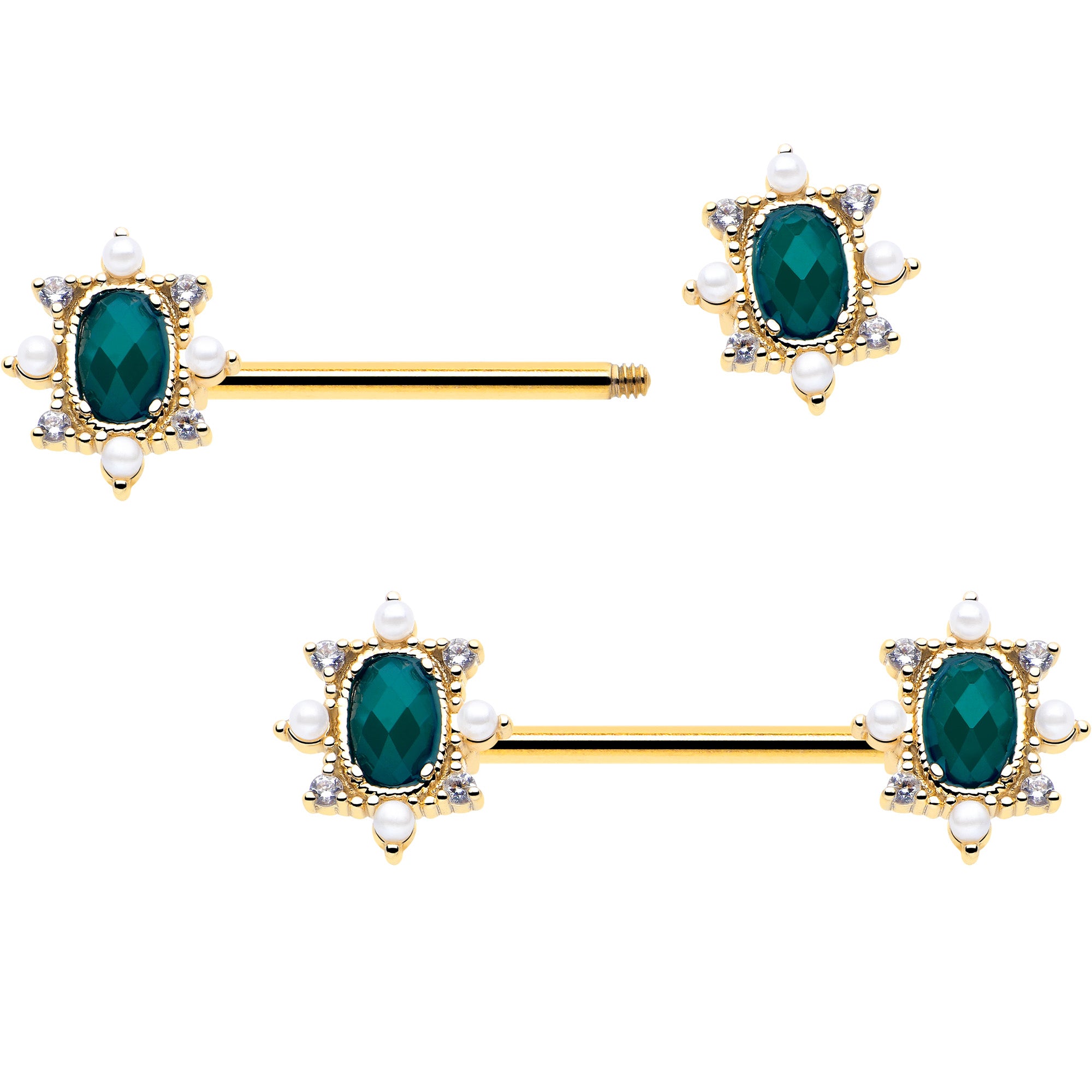 royal beauty barbell nipple rings green cz